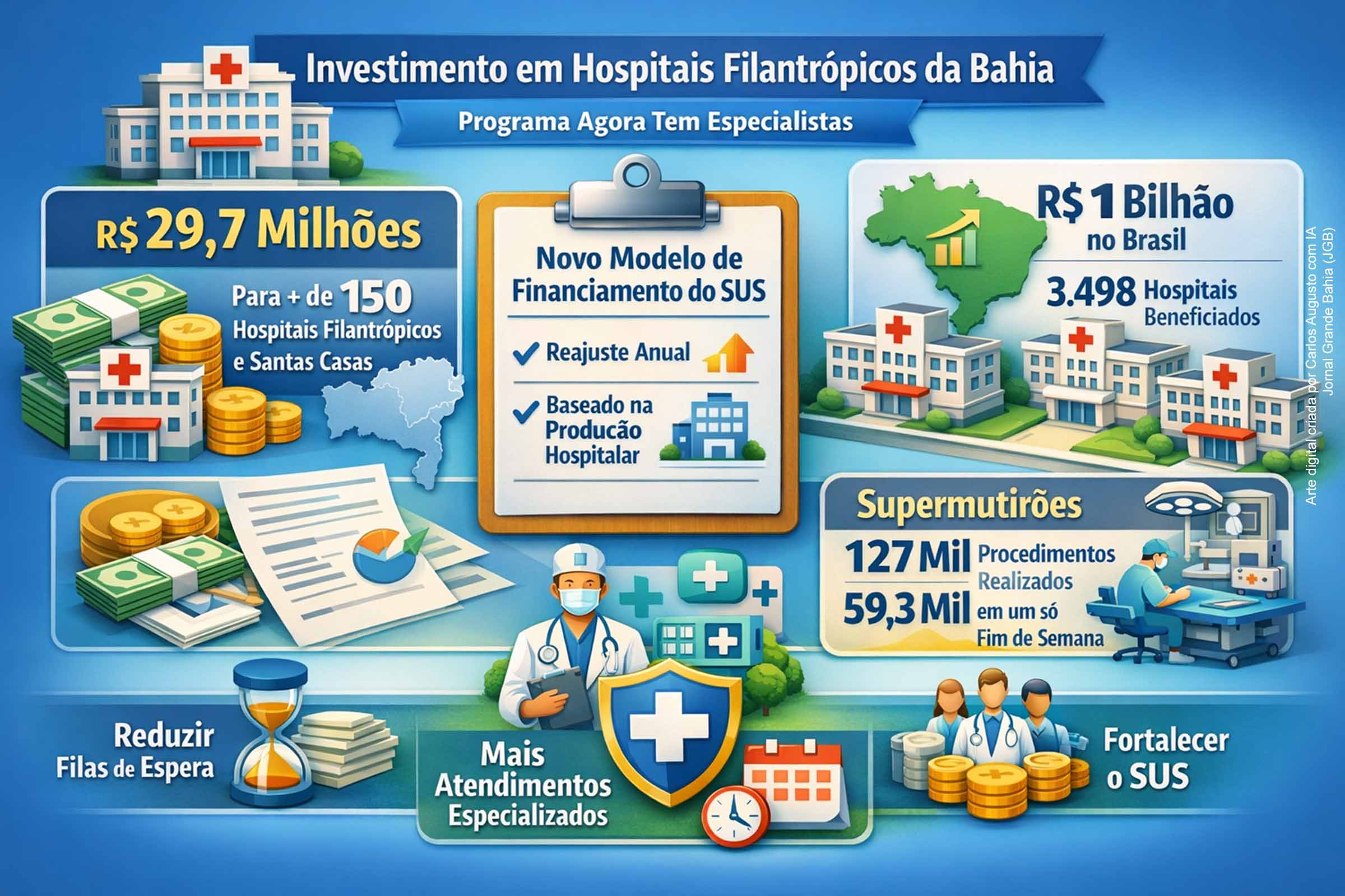 O Ministério da Saúde destinou cerca de R$ 29,7 milhões para hospitais filantrópicos e Santas Casas da Bahia, dentro do programa Agora Tem Especialistas. O repasse integra um novo modelo de financiamento do SUS, com reajustes anuais baseados na produção hospitalar. A medida busca ampliar o atendimento especializado, reduzir filas e fortalecer a rede assistencial, especialmente por meio de supermutirões nacionais.