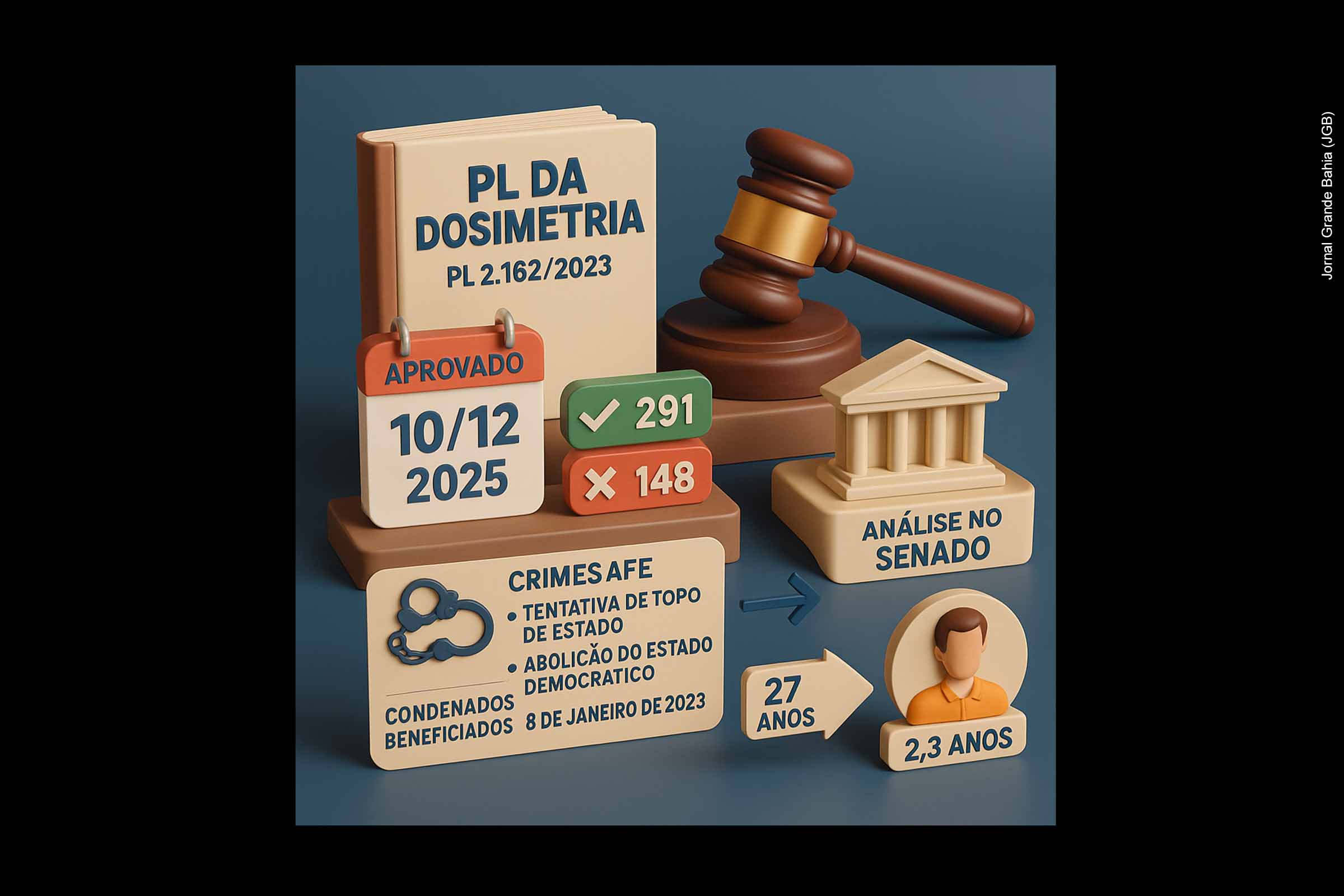 O PL da Dosimetria (PL 2.162/2023), aprovado pela Câmara em 10/12 por 291 a 148, altera critérios de cálculo e execução de penas ligadas ao 8 de Janeiro e à trama golpista, com potencial de reduzir condenações. No Senado, a CCJ deve analisar o texto em 17/12/2025, enquanto senadores tentam limitar o alcance para evitar impacto sobre crimes comuns. Protestos em 14/12 evidenciaram a polarização do tema.