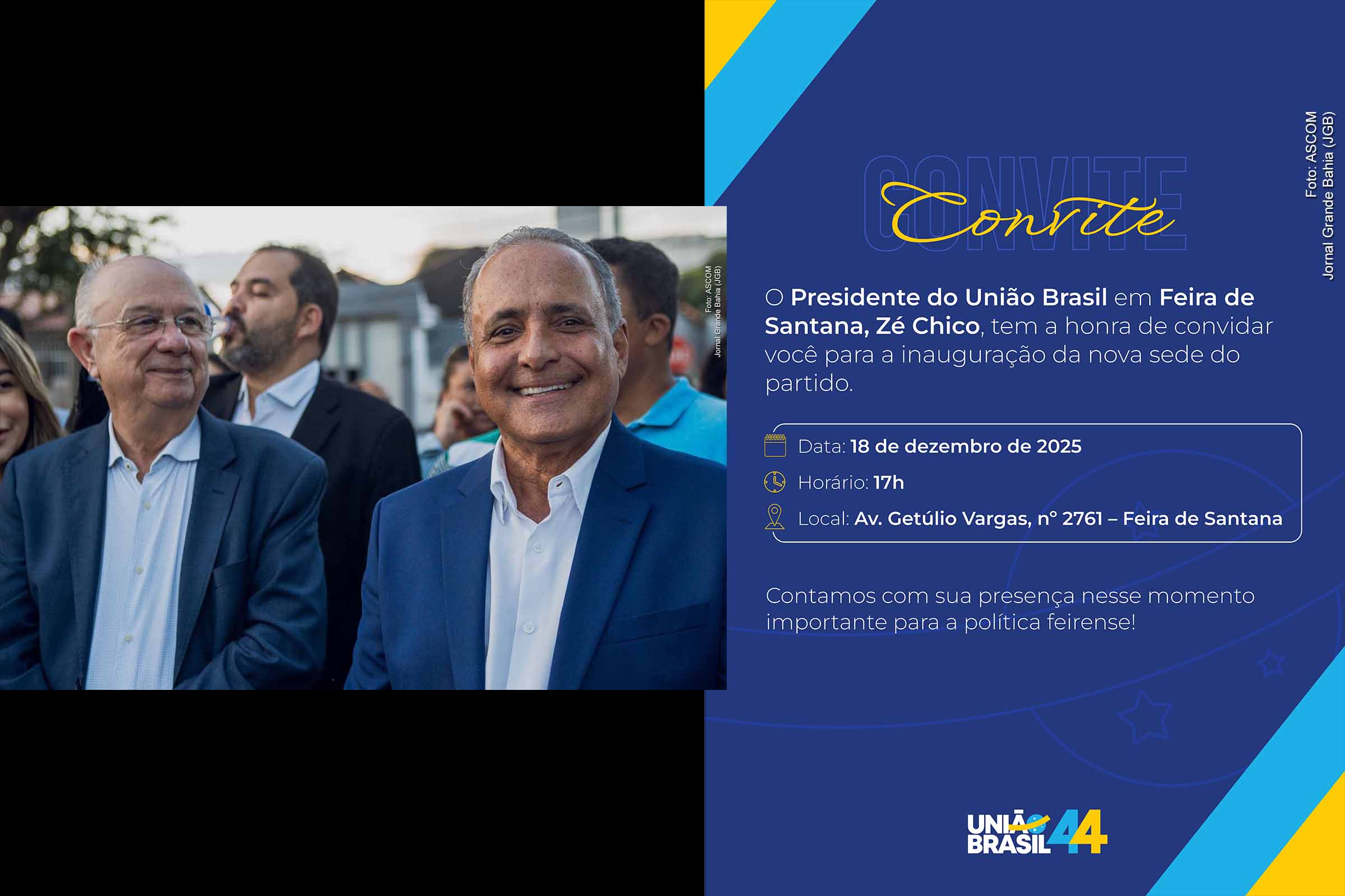 O União Brasil inaugura, nesta quinta-feira (18/12/2025), sua nova sede municipal em Feira de Santana, reforçando a presença no segundo maior colégio eleitoral da Bahia. Localizado na Avenida Getúlio Vargas, o espaço reunirá articulação política, debates e mobilização partidária. O evento conta com lideranças nacionais, estaduais e municipais, sinalizando a importância estratégica do município para o partido e antecipando movimentos de reorganização política regional.