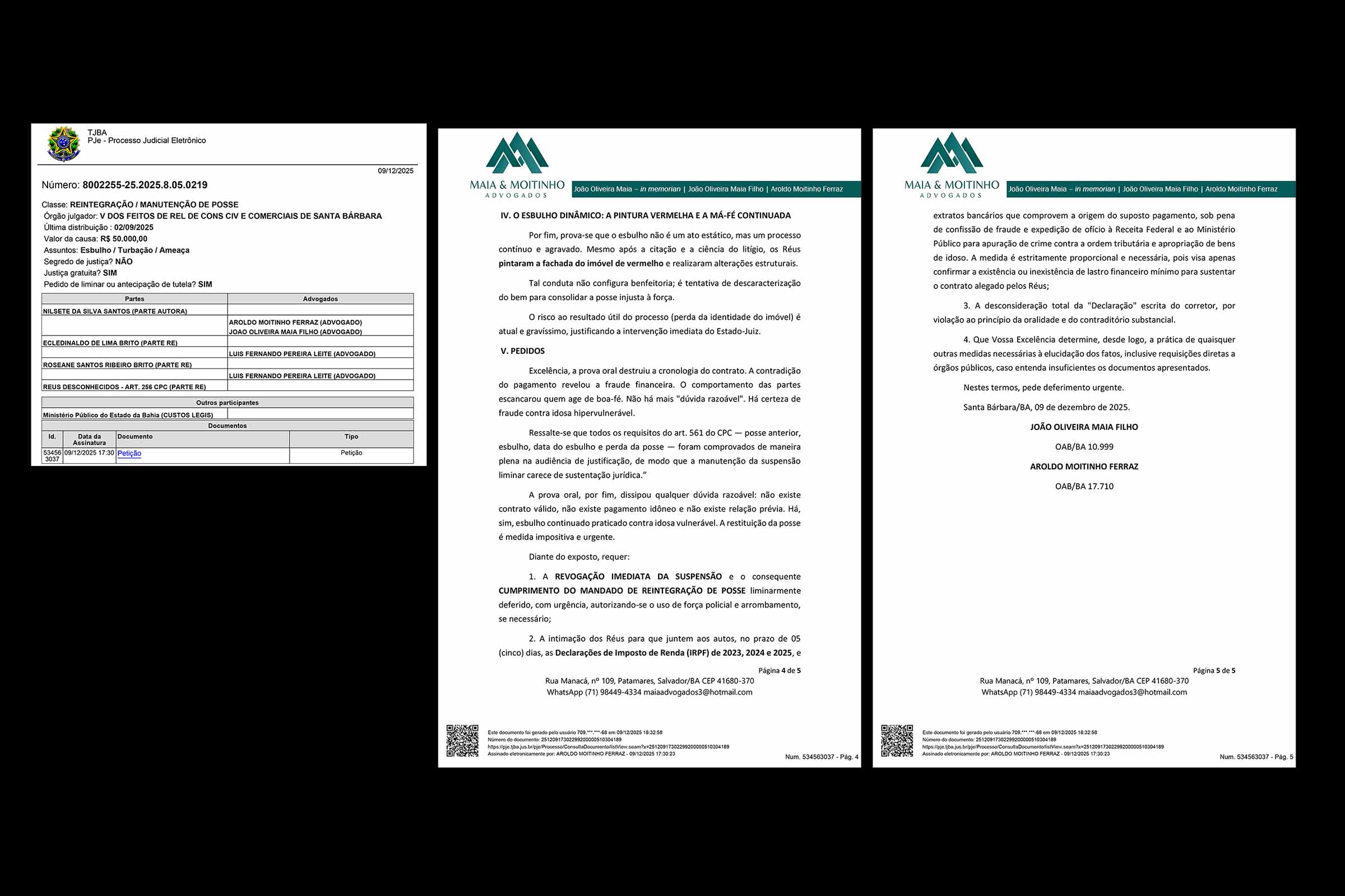 A disputa possessória em Santa Bárbara segue em fase crucial após audiência de justificação que levantou questionamentos sobre contrato apresentado pelos réus e possível fraude documental. A defesa de Nilsete, idosa de 78 anos, requereu restabelecimento imediato de reintegração liminar, além de apresentação de comprovantes financeiros. O caso agora aguarda decisão do juiz responsável, que deverá avaliar os elementos probatórios apresentados.