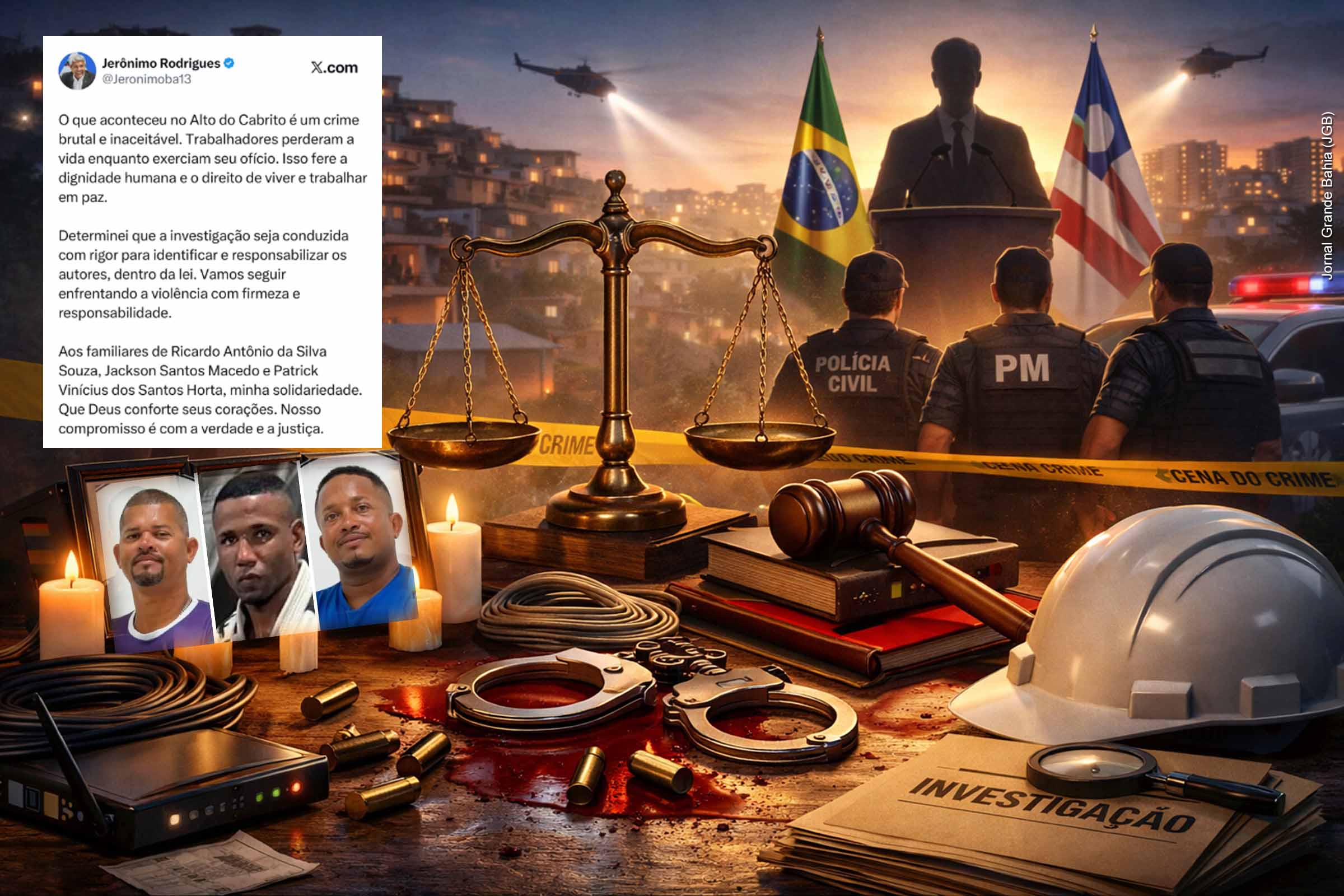 Três técnicos de internet foram torturados e mortos no bairro do Alto do Cabrito, em Salvador, enquanto trabalhavam. O governador Jerônimo Rodrigues classificou o crime como brutal e inaceitável, determinou investigação rigorosa e manifestou solidariedade às famílias. A Polícia Civil investiga o caso, apurando possíveis vínculos com facções criminosas, enquanto o Estado reforçou o policiamento na região.