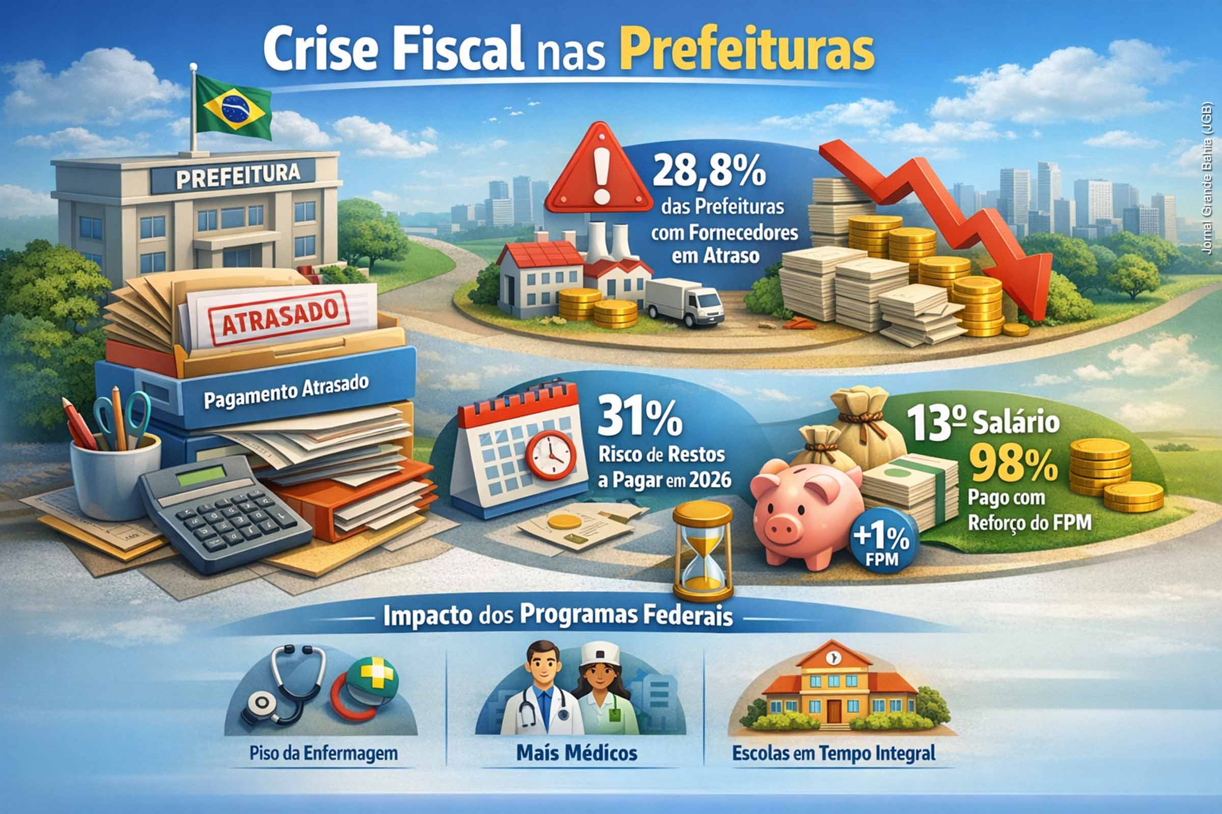 Crise fiscal nos municípios: atraso a fornecedores, pressão de programas federais e risco de rombo nas contas de um terço das Prefeituras