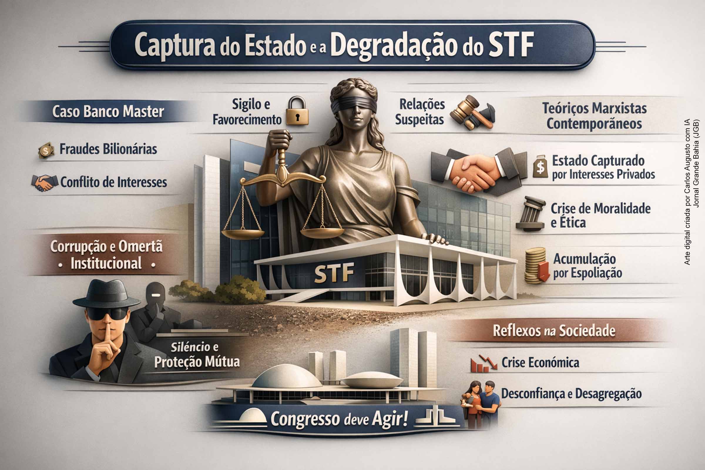 O Caso Banco Master tornou-se símbolo da degradação do poder estatal no Brasil ao revelar indícios de captura do Estado por interesses privados, opacidade no STF e crise de legitimidade institucional. À luz de análises críticas contemporâneas, o episódio evidencia ruptura entre Estado e sociedade, corrosão ética e risco sistêmico à democracia. Diante desse cenário, cresce a pressão para que o Congresso exerça seu papel constitucional de fiscalização e responsabilização, visando restaurar o interesse público e a confiança nacional.