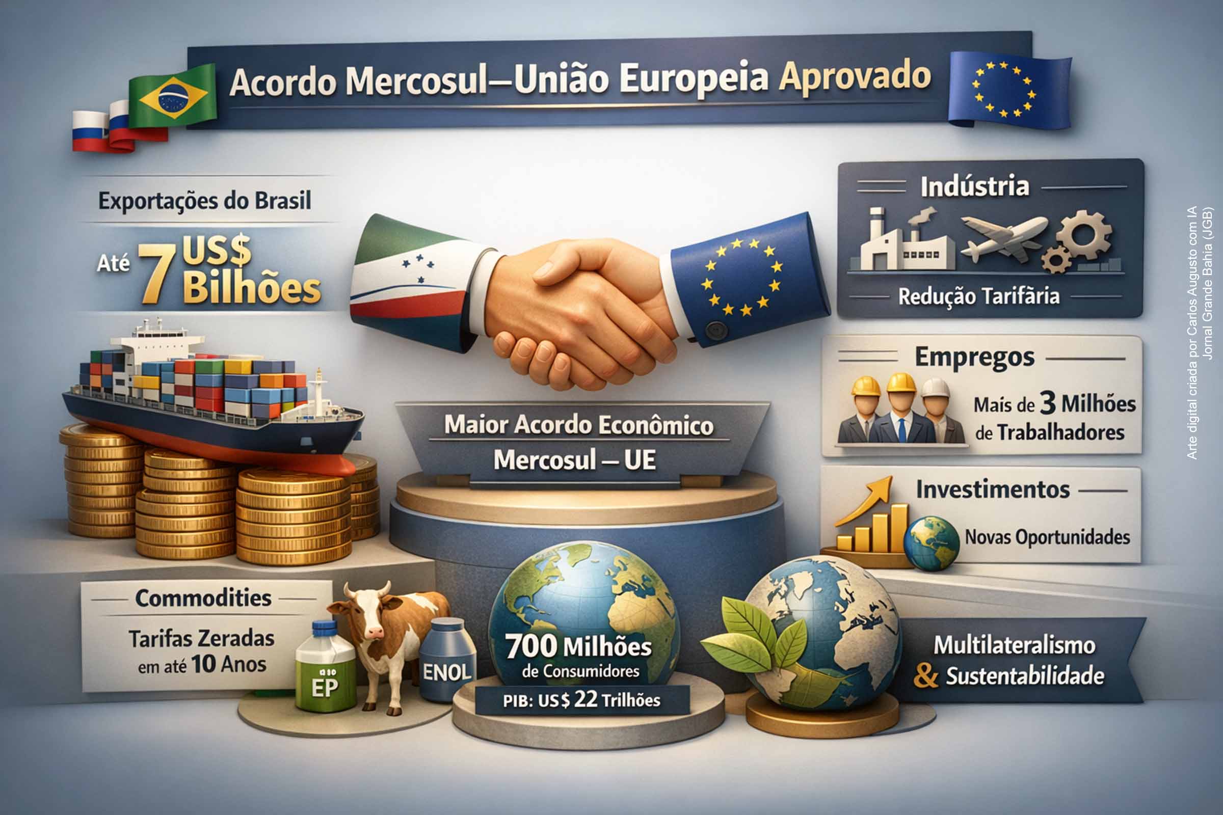 Acordo Mercosul–União Europeia é aprovado e pode elevar exportações do Brasil em até US$ 7 bilhões, com impactos na indústria, empregos e investimentos
