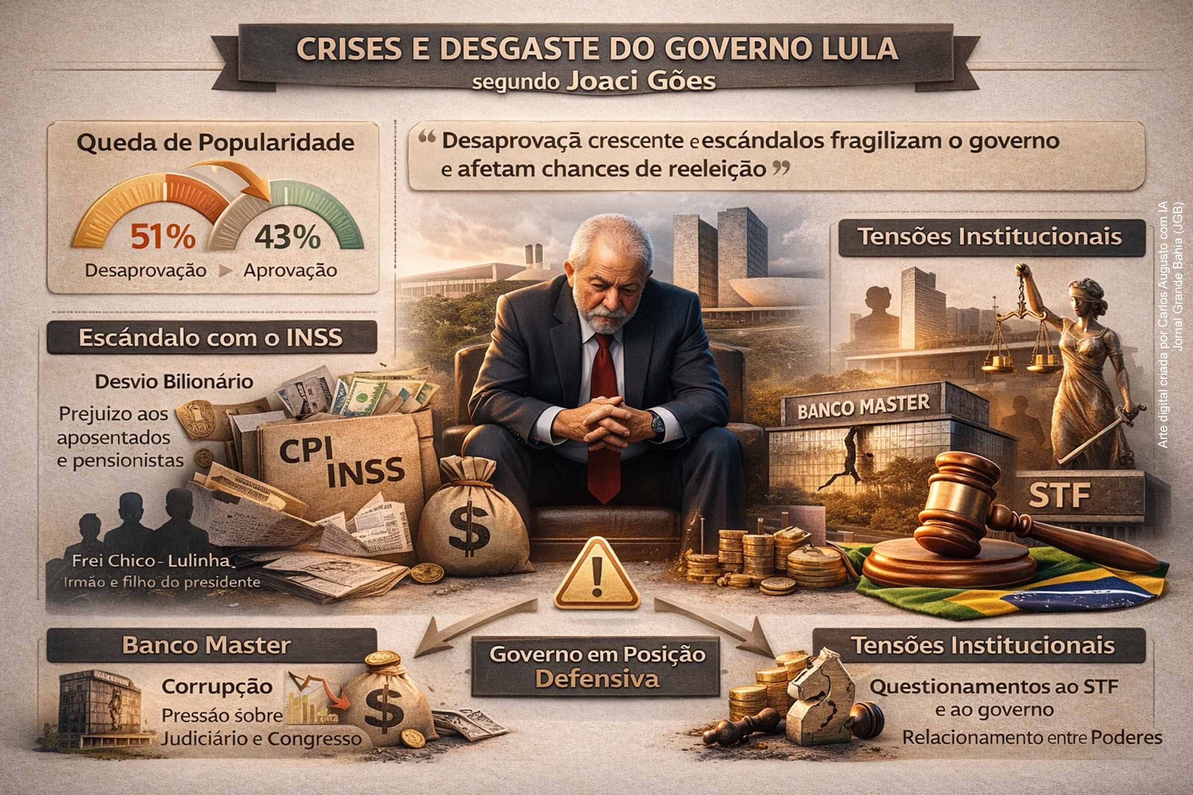 Artigo de Joaci Góes aponta desgaste político do presidente Lula, crises institucionais e escândalos com INSS e Banco Master