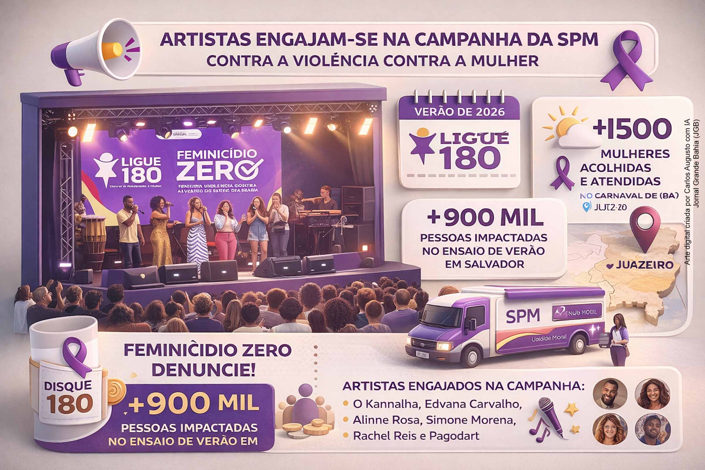 A Secretaria das Mulheres da Bahia reforçou, no verão, a campanha Feminicídio Zero com o engajamento de artistas durante o Ensaio de Verão de O Kannalha, em Salvador. A ação incluiu distribuição de materiais, falas públicas e estímulo à denúncia pelo Ligue 180. No Carnaval de Juazeiro, a SPM atuará com Unidade Móvel para acolhimento e atendimento especializado a mulheres.