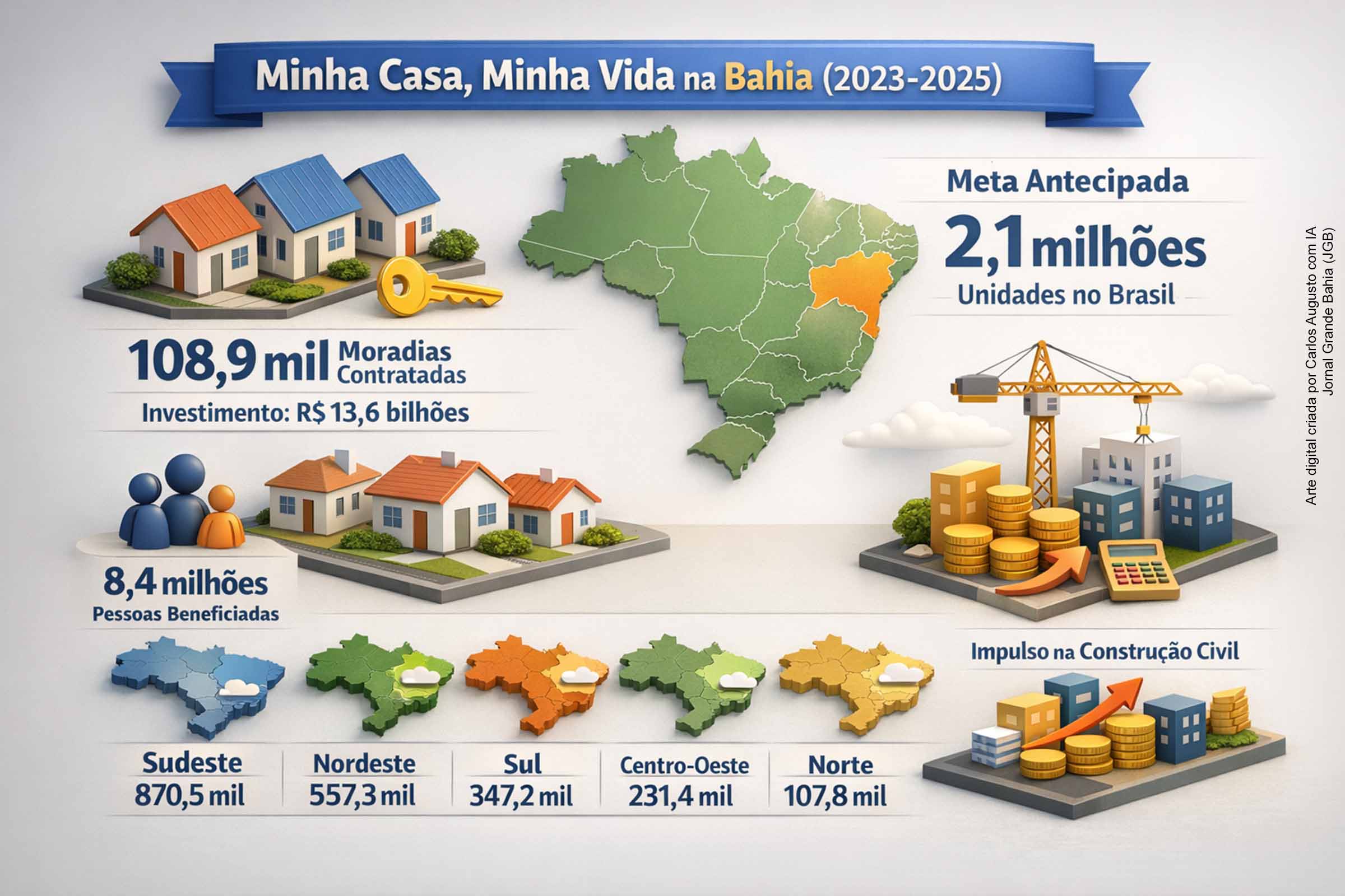 Entre 2023 e 2025, a Bahia contratou 108,9 mil moradias do Minha Casa, Minha Vida, com investimento de R$ 13,6 bilhões. No país, o programa alcançou 2,1 milhões de unidades, antecipando a meta prevista para 2026. A política impulsionou a construção civil, ampliou o crédito habitacional e passou a mirar nova meta de mais 1 milhão de moradias em 2026.