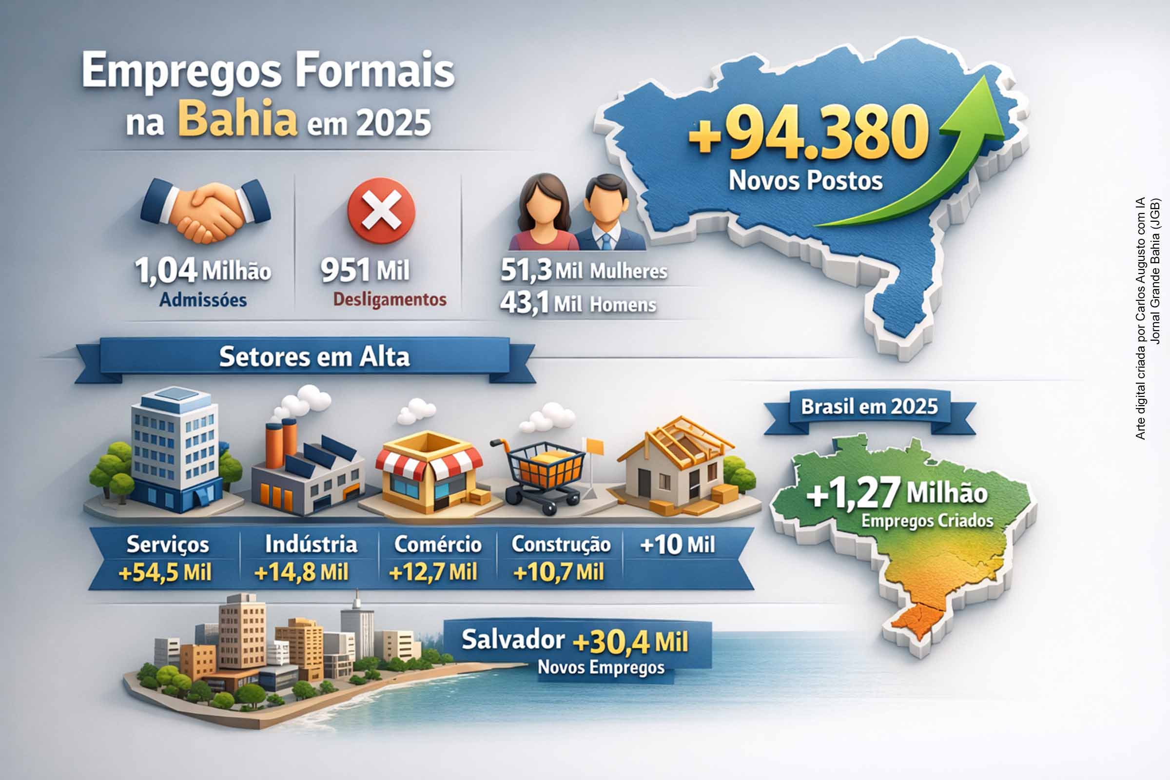 Bahia cria mais de 94,3 mil empregos formais em 2025 e registra saldo positivo em todos os setores da economia