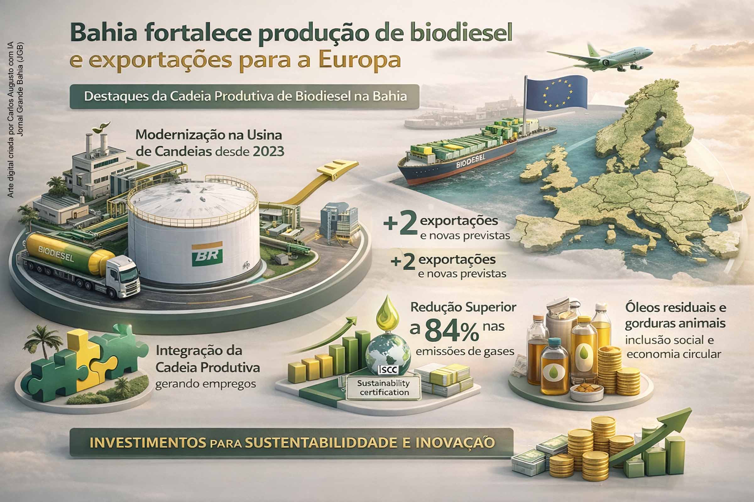 A Bahia avança na produção de biodiesel com investimentos na usina de Candeias, amplia exportações para a Europa e fortalece a integração da cadeia produtiva. Com redução expressiva de emissões, certificações internacionais e iniciativas de economia circular, o estado consolida-se como polo estratégico de biocombustíveis, combinando desenvolvimento econômico, inovação industrial e sustentabilidade ambiental.