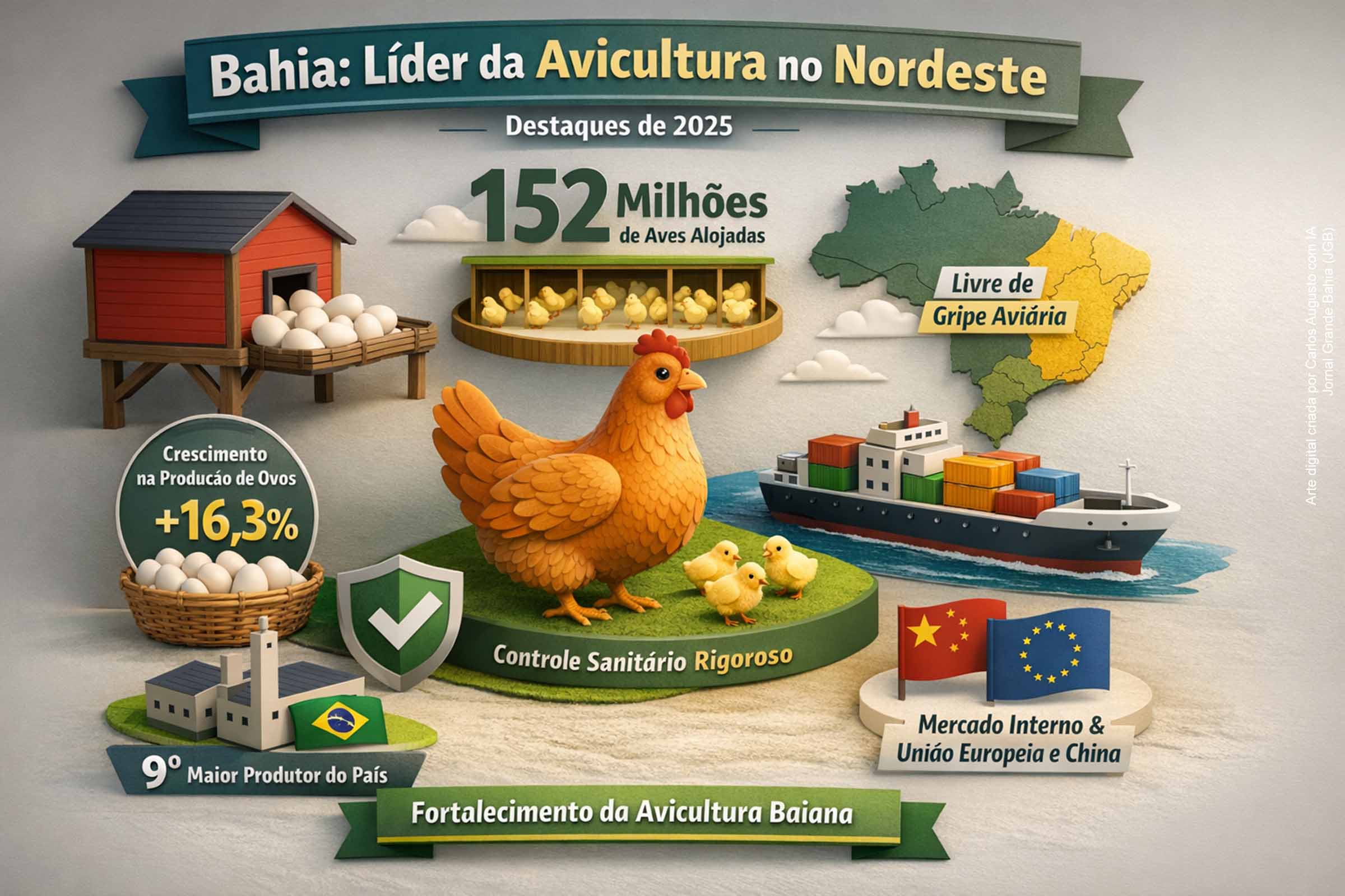 A Bahia encerrou 2025 liderando a avicultura no Nordeste, com crescimento de 16,3% na produção de ovos e mais de 152 milhões de aves alojadas. Livre de gripe aviária, o estado consolidou sua posição nacional, fortaleceu o mercado interno e se prepara para a retomada das exportações, apoiado em rigor sanitário, diálogo institucional e perspectivas positivas para 2026.