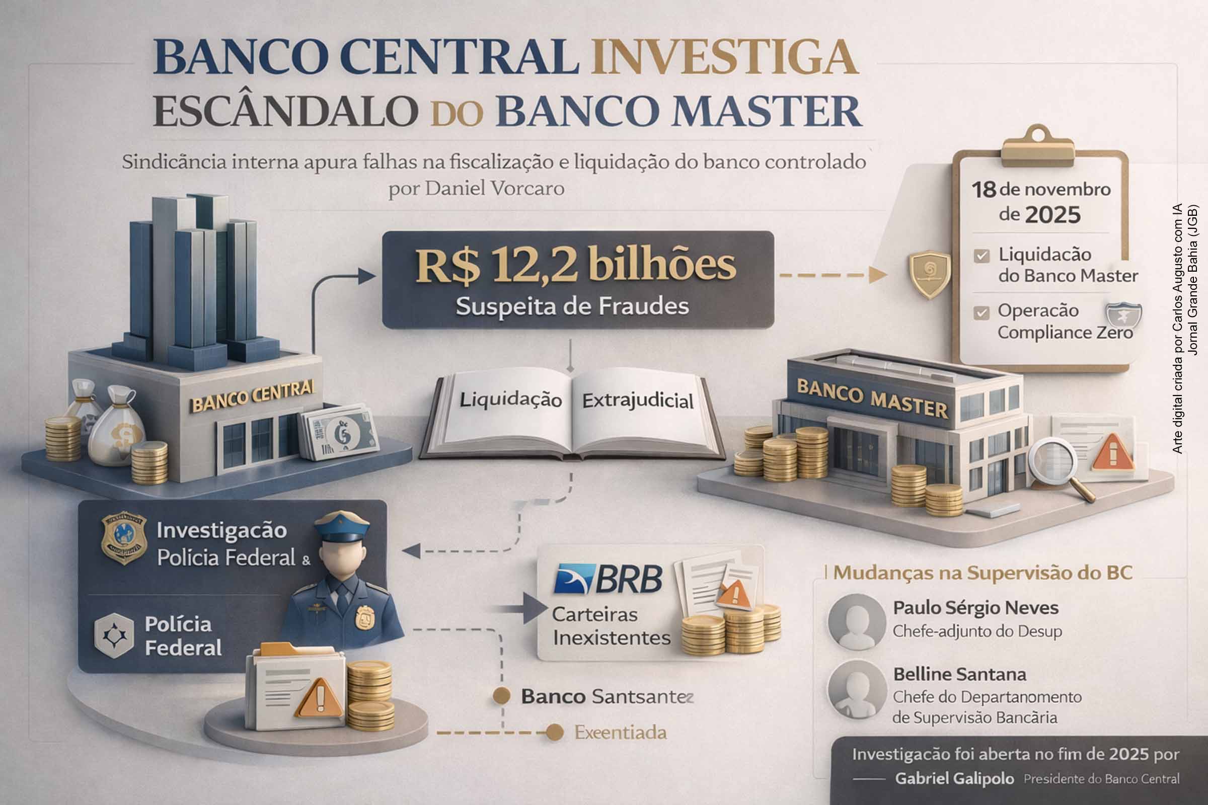 O Banco Central abriu uma investigação interna sigilosa para apurar falhas na fiscalização do Banco Master, liquidado em novembro de 2025 após suspeitas de fraudes bilionárias. A apuração ocorre em paralelo a investigações da Polícia Federal e envolve operações com o BRB, créditos considerados inexistentes e relações com a gestora Reag. O caso expõe fragilidades na supervisão bancária e pressiona por revisão de controles institucionais.