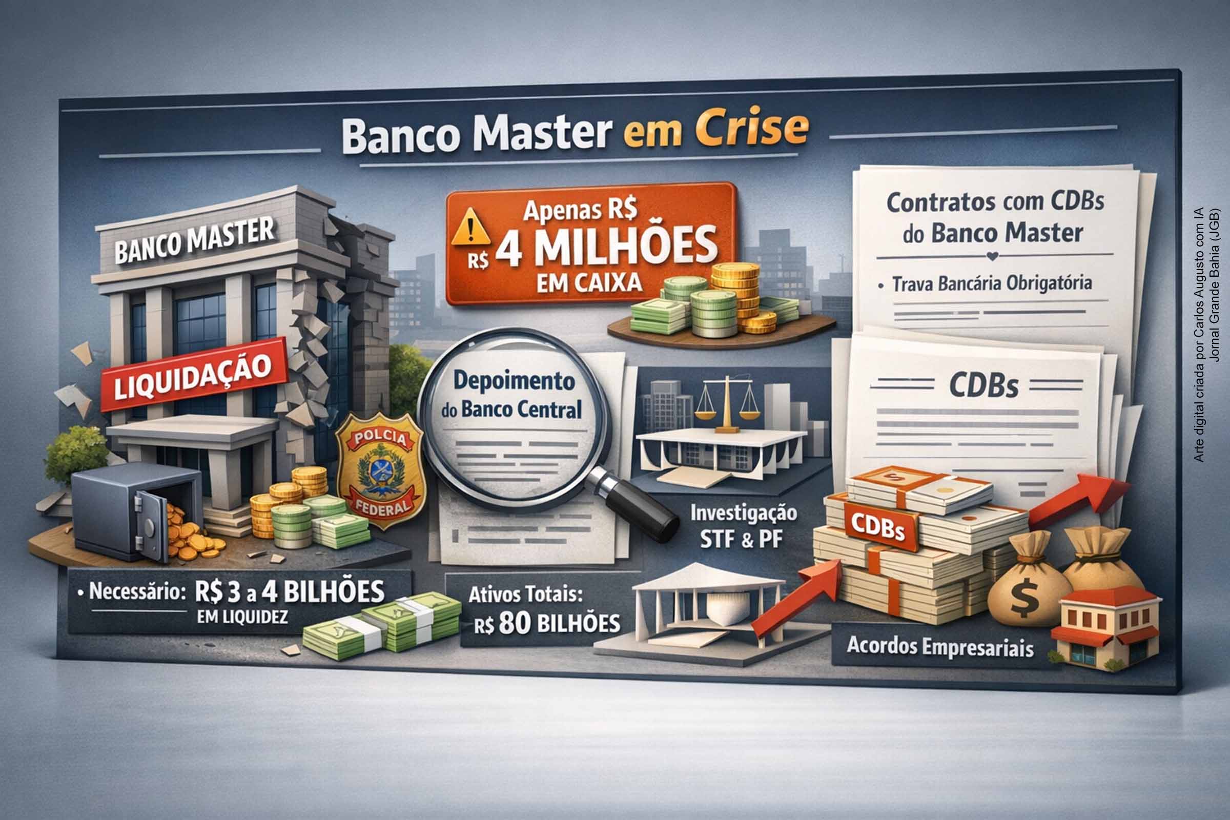 O Banco Master possuía apenas R$ 4 milhões em caixa antes de sua liquidação em novembro de 2025, segundo depoimento de diretor do Banco Central à Polícia Federal. A revelação contrasta com a necessidade estimada de até R$ 4 bilhões em ativos líquidos para um banco de seu porte. Contratos que exigiam aplicação de recursos em CDBs do próprio banco ampliaram o escrutínio sobre governança, fiscalização e riscos financeiros.