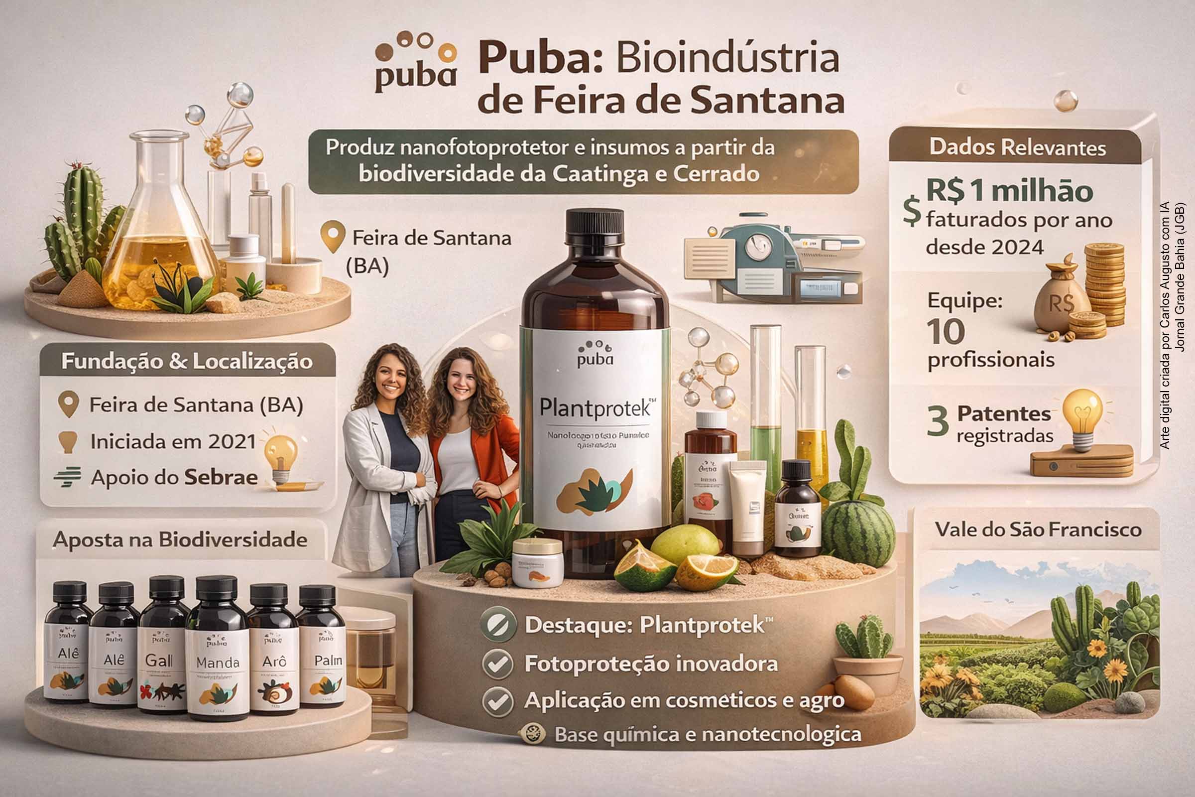 Fundada em Feira de Santana por pesquisadoras da UEFS, a bioindústria Puba desenvolveu um nanofotoprotetor químico inovador a partir de plantas da Caatinga e do Cerrado. Com aplicações em cosméticos e no agronegócio, a startup conta com patentes próprias, apoio do Sebrae e prevê lançar o Plantprotek no mercado em 2026, com foco em inovação, sustentabilidade e internacionalização.