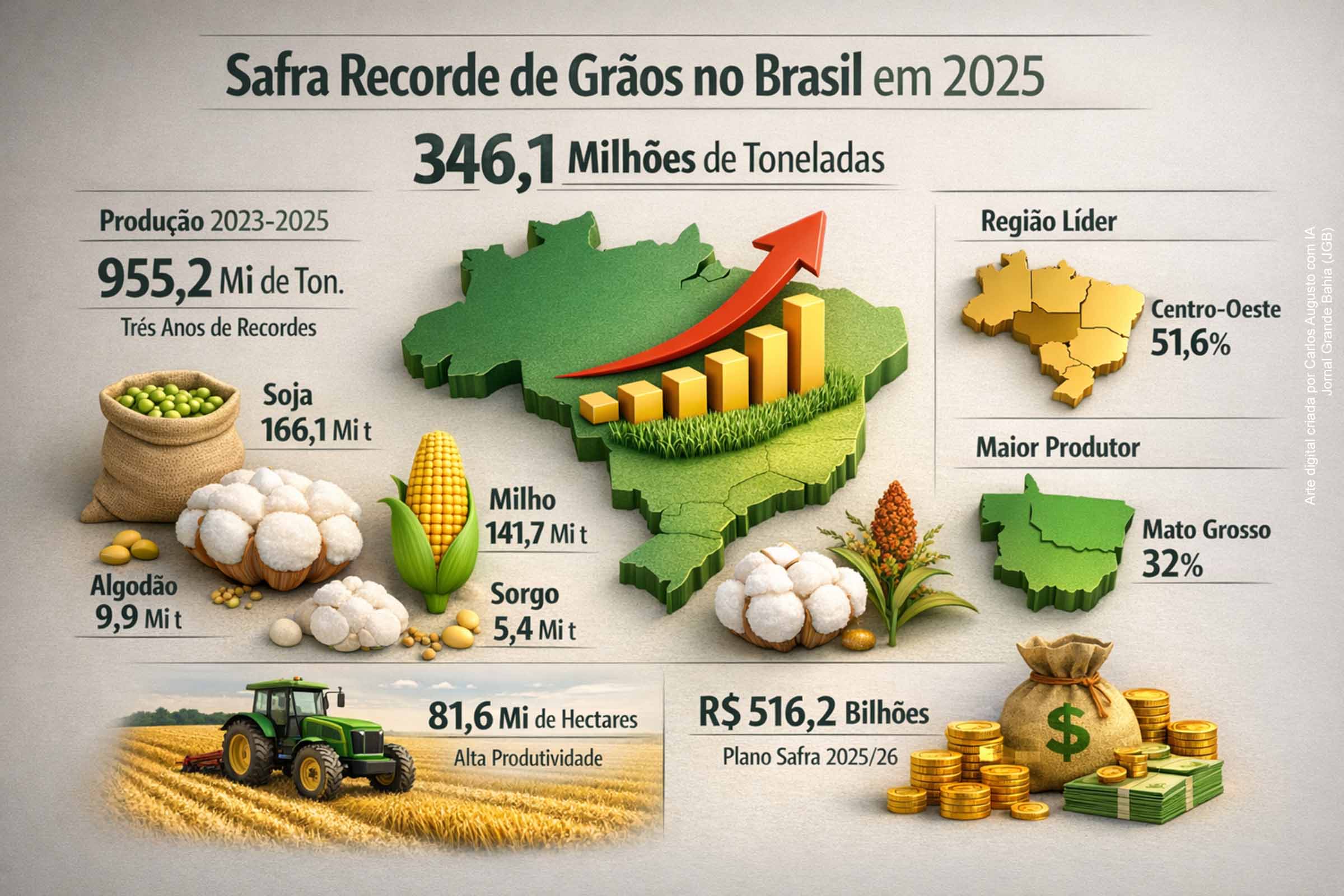 A safra brasileira de grãos em 2025 alcançou 346,1 milhões de toneladas, recorde histórico segundo o IBGE. Impulsionado por ganhos de produtividade, tecnologia e clima favorável, o Brasil consolidou novo patamar agrícola. O Centro-Oeste liderou a produção, com destaque para Mato Grosso. Apesar de leve retração projetada para 2026, o país deve manter volumes elevados, apoiado por financiamento recorde do Plano Safra.