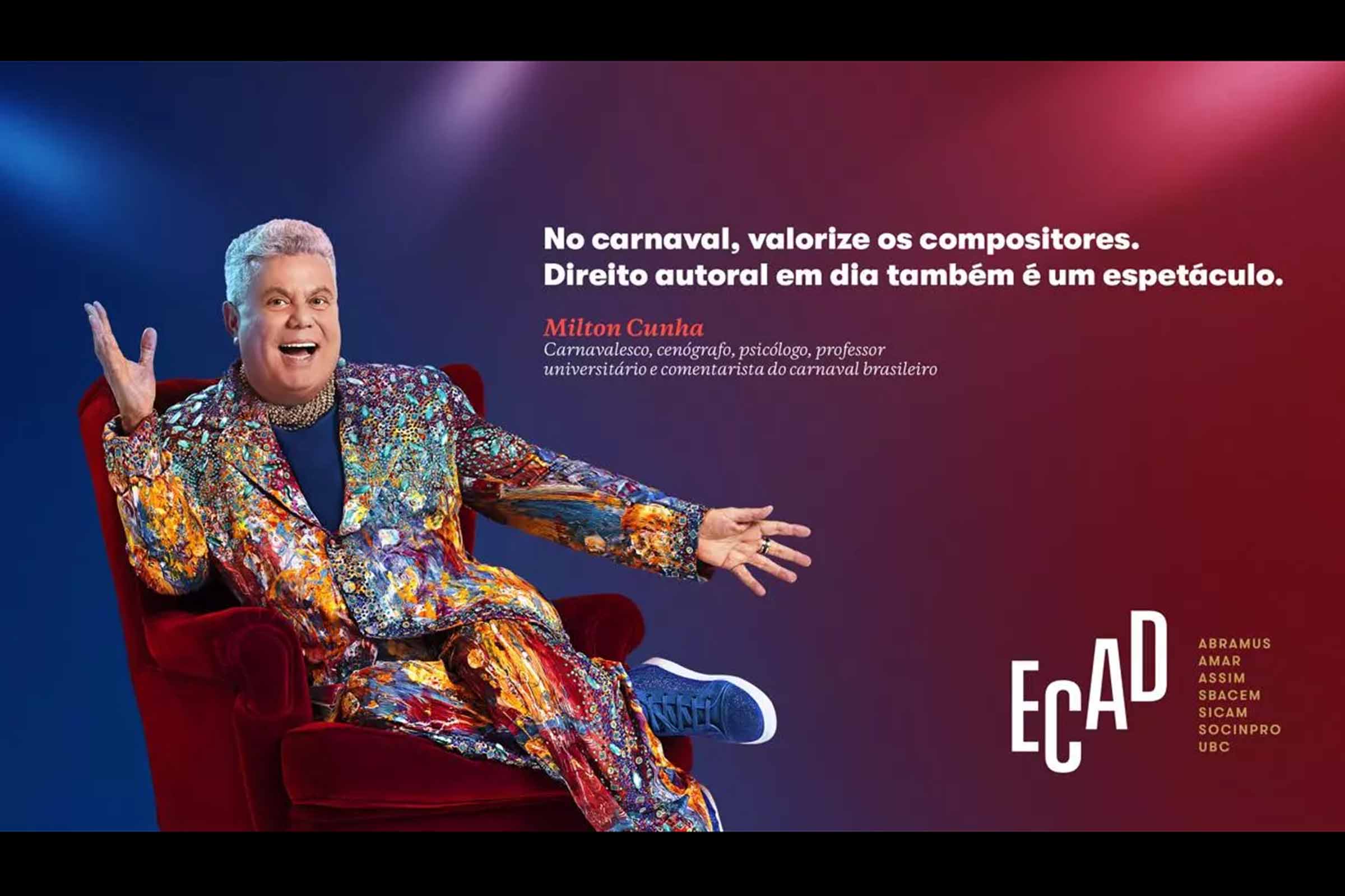 A campanha “Seu Milton”, lançada pelo Ecad para o Carnaval 2026, utiliza o contraste visual protagonizado por Milton Cunha para destacar que sem música não há Carnaval. A iniciativa reforça a importância dos compositores, do direito autoral e da remuneração legal prevista na Lei nº 9.610/98. Em 2025, o Ecad distribuiu R$ 30,8 milhões a mais de 11 mil titulares, evidenciando o impacto econômico da folia na música brasileira.