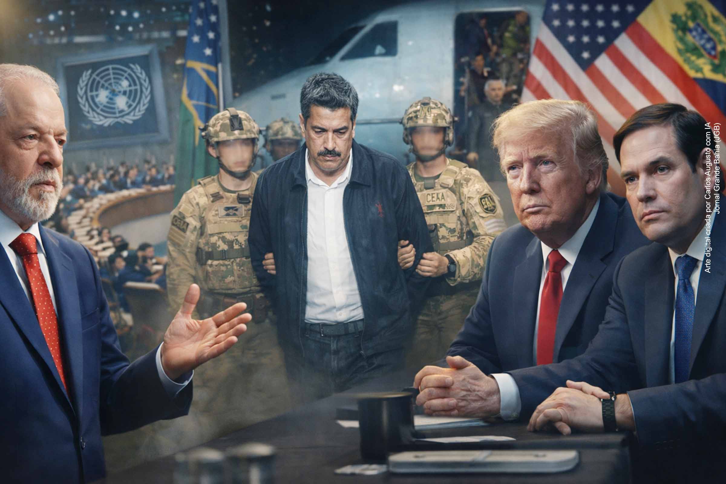 O presidente venezuelano Nicolás Maduro aparece sob custódia de agentes norte-americanos após operação militar dos Estados Unidos, em janeiro de 2026, episódio que desencadeou forte reação diplomática internacional.