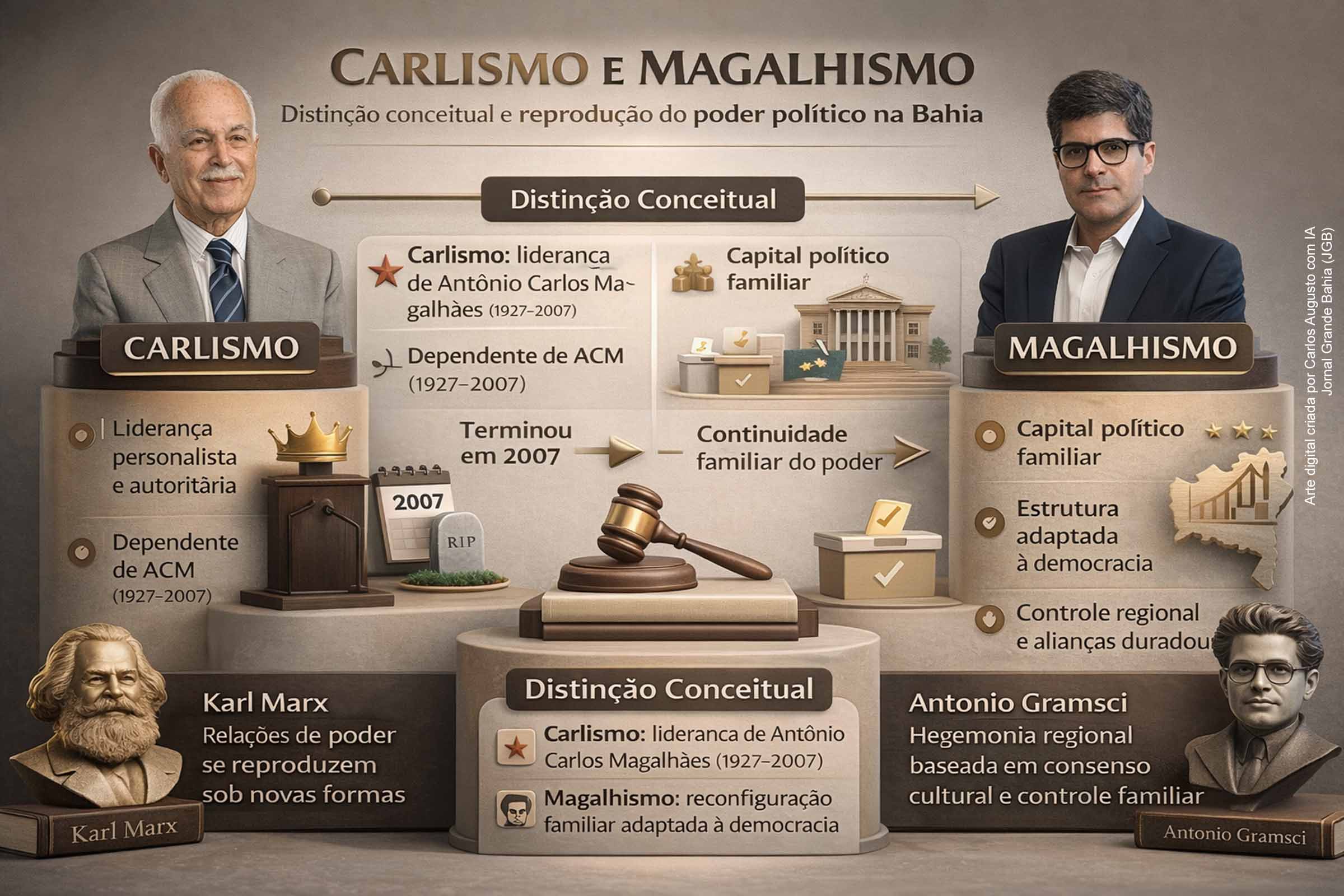 O artigo propõe uma distinção conceitual entre carlismo e magalhismo para compreender a dinâmica do poder político na Bahia contemporânea. Sustenta que o carlismo foi um fenômeno personalista, encerrado com a morte de Antônio Carlos Magalhães, enquanto o magalhismo representa a reconfiguração estrutural e familiar desse projeto, adaptado às regras da democracia representativa. A análise dialoga com a tradição marxista e com o conceito gramsciano de hegemonia para explicar a continuidade histórica do poder sob novas formas institucionais, eleitorais e simbólicas.