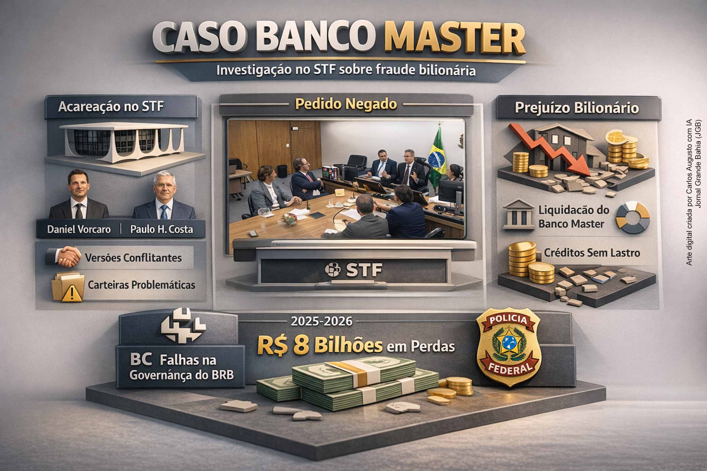 A investigação sobre o Banco Master avançou com a divulgação de vídeos da acareação no STF, marcada pela recusa da defesa de Daniel Vorcaro em permitir o acesso da PF ao celular do banqueiro. Depoimentos contraditórios sobre a origem das carteiras de crédito, somados a declarações do Banco Central sobre falhas graves de governança no BRB, reforçam suspeitas de créditos sem lastro e ampliam o impacto institucional do caso.