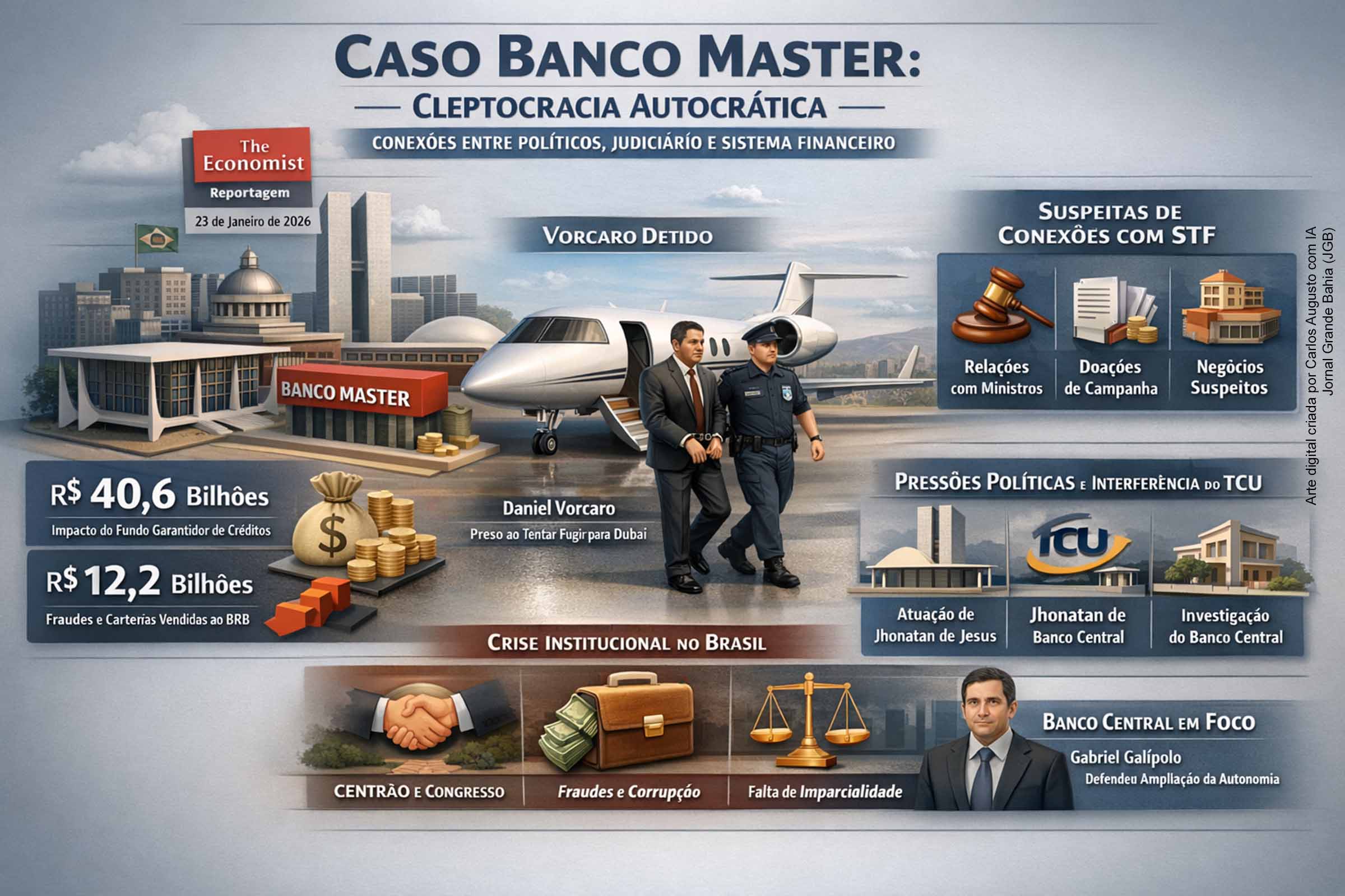 A falência do Banco Master expôs uma complexa rede de relações entre o sistema financeiro, o Congresso e o Judiciário, com impacto direto na credibilidade institucional do país. A análise da The Economist aponta que, embora não haja provas de ilegalidades no STF, os vínculos revelados reforçam a percepção de falta de imparcialidade. O Banco Central, ao resistir às pressões políticas, emerge como ator central na defesa da estabilidade financeira.
