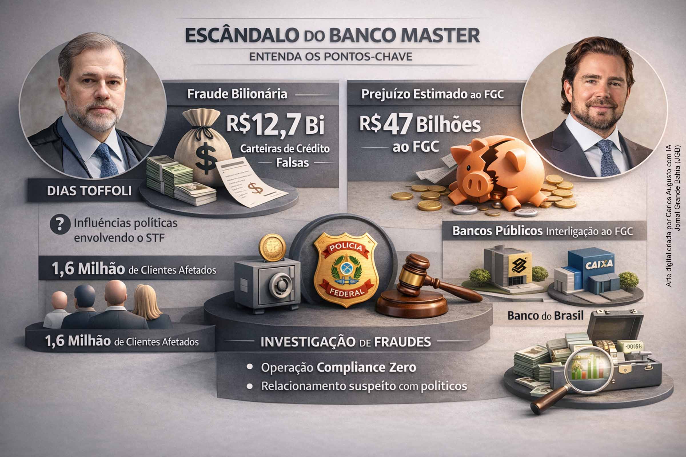 A quebra do Banco Master, liquidado em novembro de 2025, revelou um esquema de expansão baseado em CDBs de alto risco e forte dependência do FGC, gerando um prejuízo estimado em até R$ 47 bilhões. As investigações da Polícia Federal avançam sobre fraudes financeiras, investimentos previdenciários e possíveis conexões políticas, enquanto decisões do STF ampliam a controvérsia institucional. O caso expõe fragilidades regulatórias e pressiona por maior transparência.