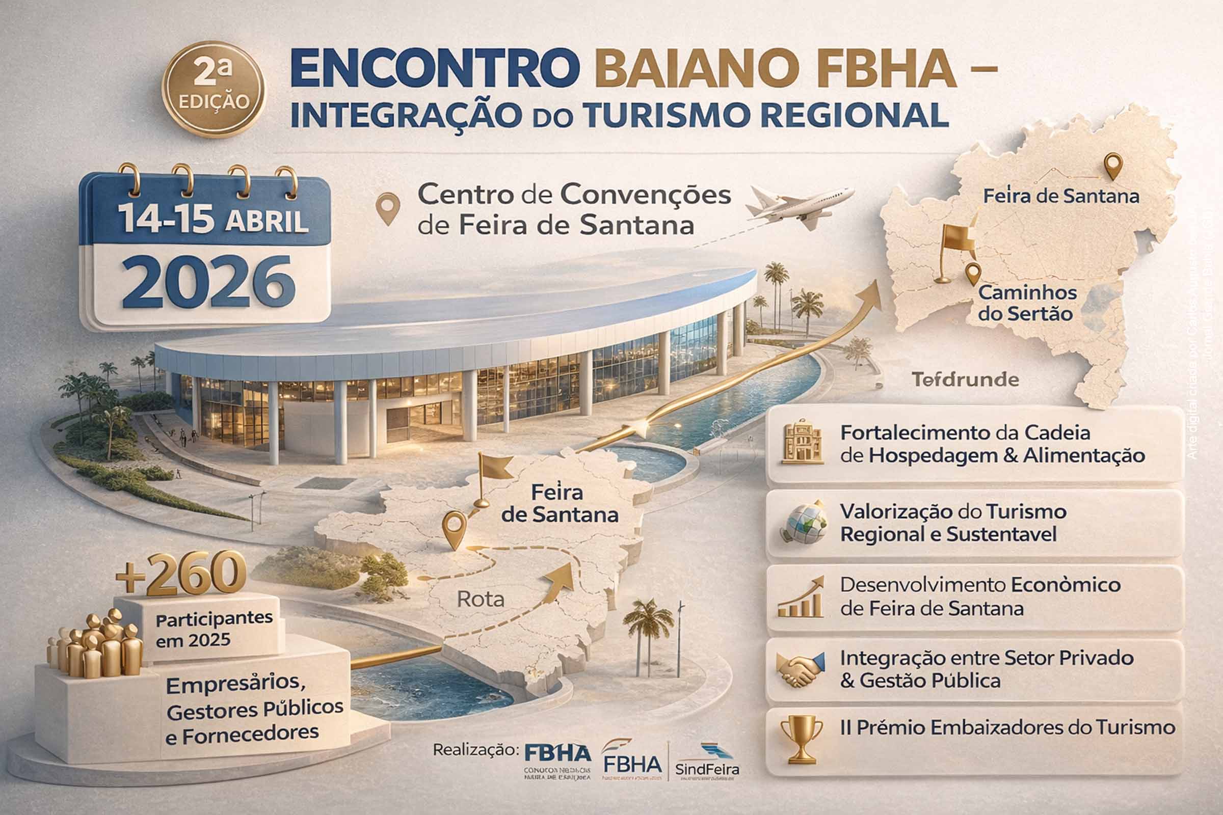 A 2ª edição do Encontro Baiano FBHA – Integração do Turismo Regional será realizada nos dias 14 e 15 de abril de 2026, no Centro de Convenções de Feira de Santana. O evento reunirá lideranças do setor para debater estratégias de fortalecimento da cadeia de hospedagem e alimentação, valorização do turismo regional e desenvolvimento sustentável, além de sediar o II Prêmio Embaixadores do Turismo.