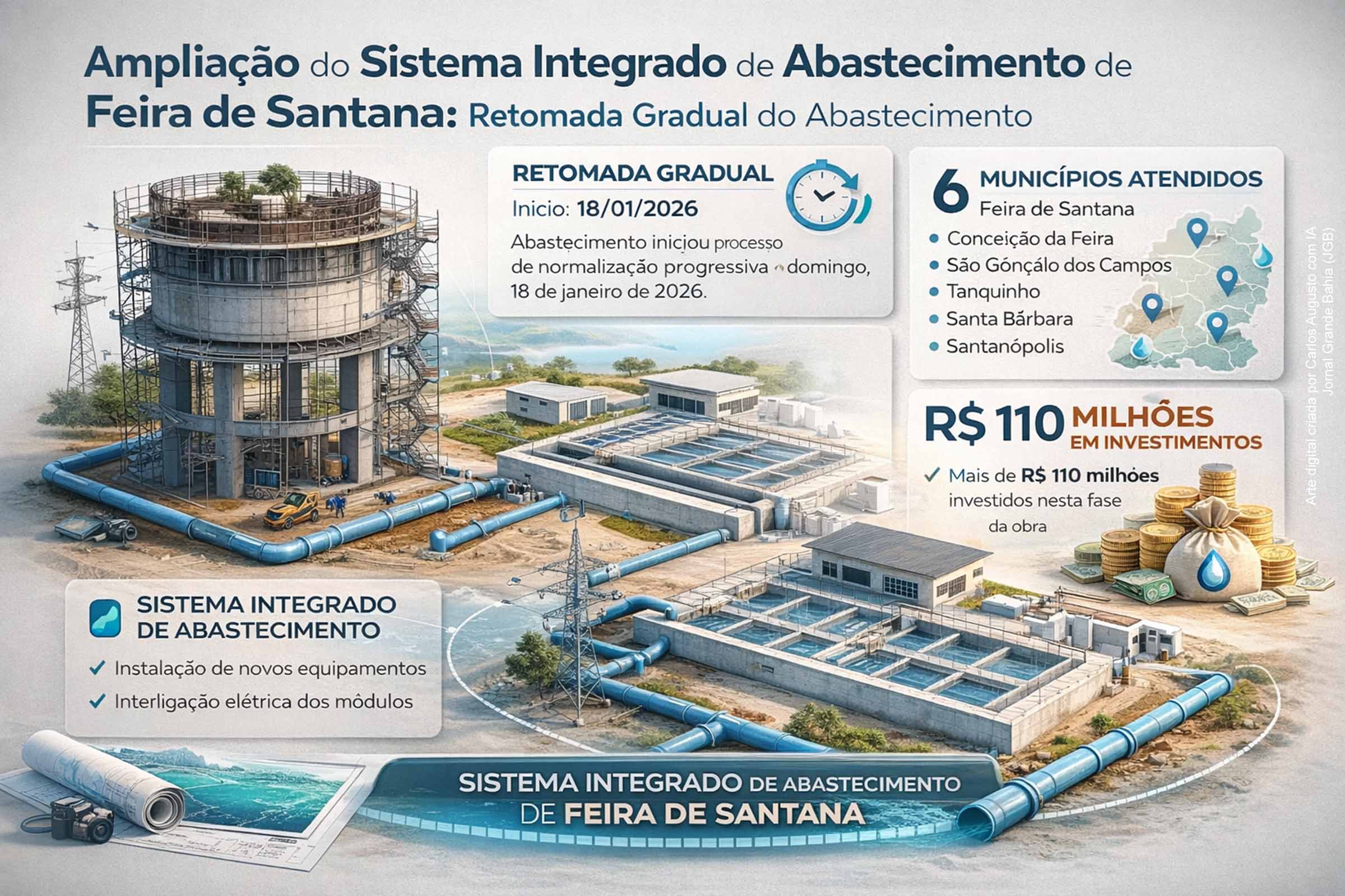 A conclusão de uma etapa estratégica das obras do Sistema Integrado de Abastecimento de Feira de Santana permitiu a retomada gradual do fornecimento de água desde 18/01/2026. As intervenções incluíram novos equipamentos e interligação elétrica na estação de Conceição da Feira. Com investimentos superiores a R$ 110 milhões nesta fase, a ampliação busca aumentar a oferta futura e assegurar maior segurança hídrica para seis municípios da região.
