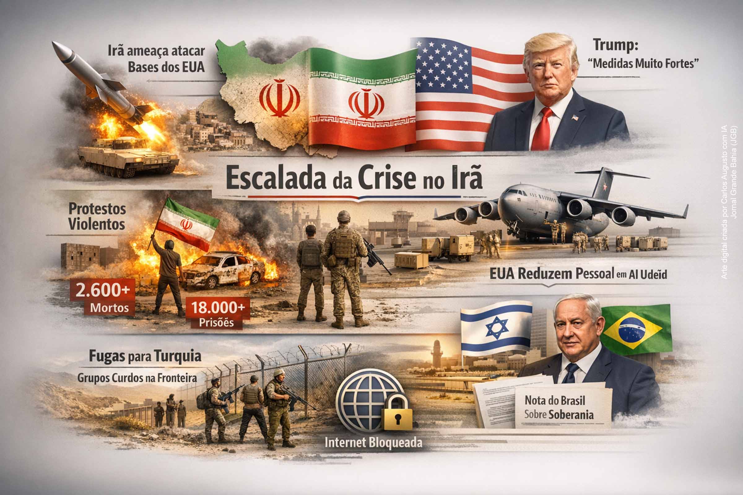 Presidente Donald Trump ameaça intervir no Irã, Teerã promete atacar bases dos EUA e Washington reduz pessoal em Al Udeid em meio à repressão e fuga pela fronteira