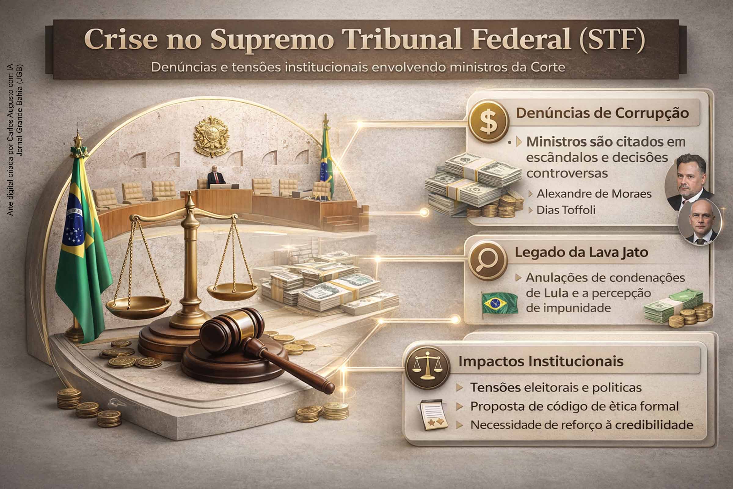 O artigo “A suprema crise do STF”, de Joaci Góes, publicado na Tribuna da Bahia, analisa o desgaste institucional do Supremo Tribunal Federal em meio a denúncias envolvendo ministros, decisões controversas e o escândalo do Banco Master. O texto associa a crise do Judiciário a práticas políticas recorrentes, resgata o legado da Lava Jato e defende a necessidade de reforço ético para preservar a credibilidade das instituições.