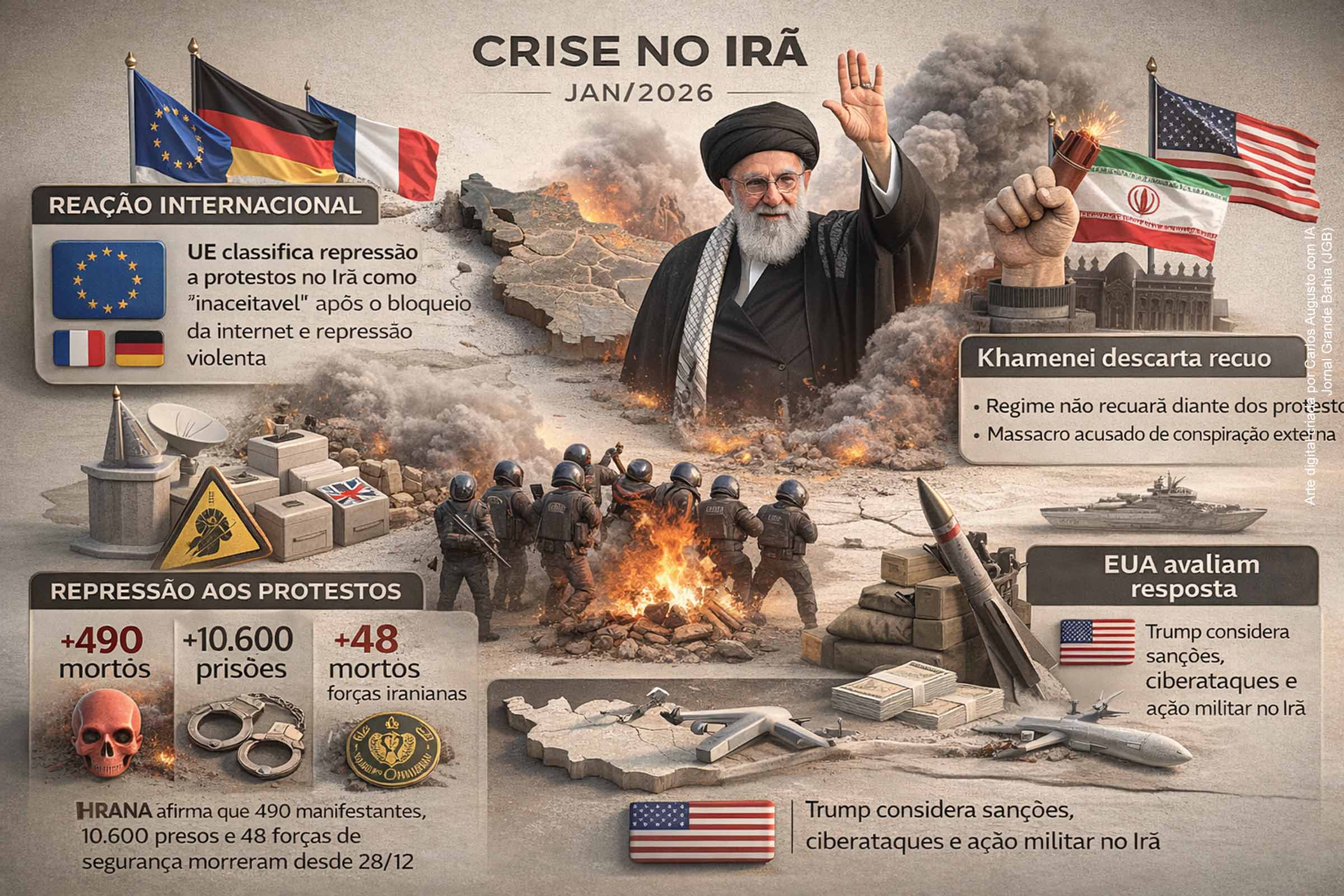 UE classifica repressão a protestos no Irã como “inaceitável”, enquanto Ali Khamenei descarta recuo e crise pressiona diplomacia internacional