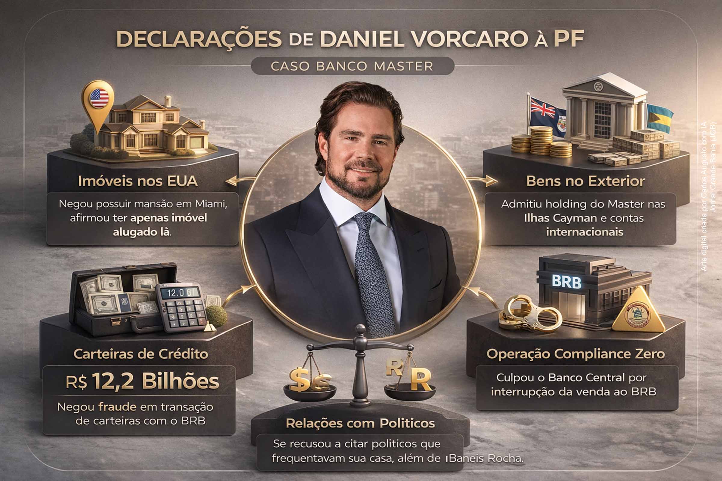 Depoimentos de Daniel Vorcaro à Polícia Federal detalham sua versão sobre patrimônio no exterior, relações políticas e o colapso do Banco Master. O banqueiro negou possuir mansão em Miami, admitiu estruturas financeiras fora do país e rejeitou acusações de fraude na venda de carteiras de crédito ao BRB. As investigações da Operação Compliance Zero expõem impactos institucionais, políticos e financeiros relevantes para o sistema bancário.