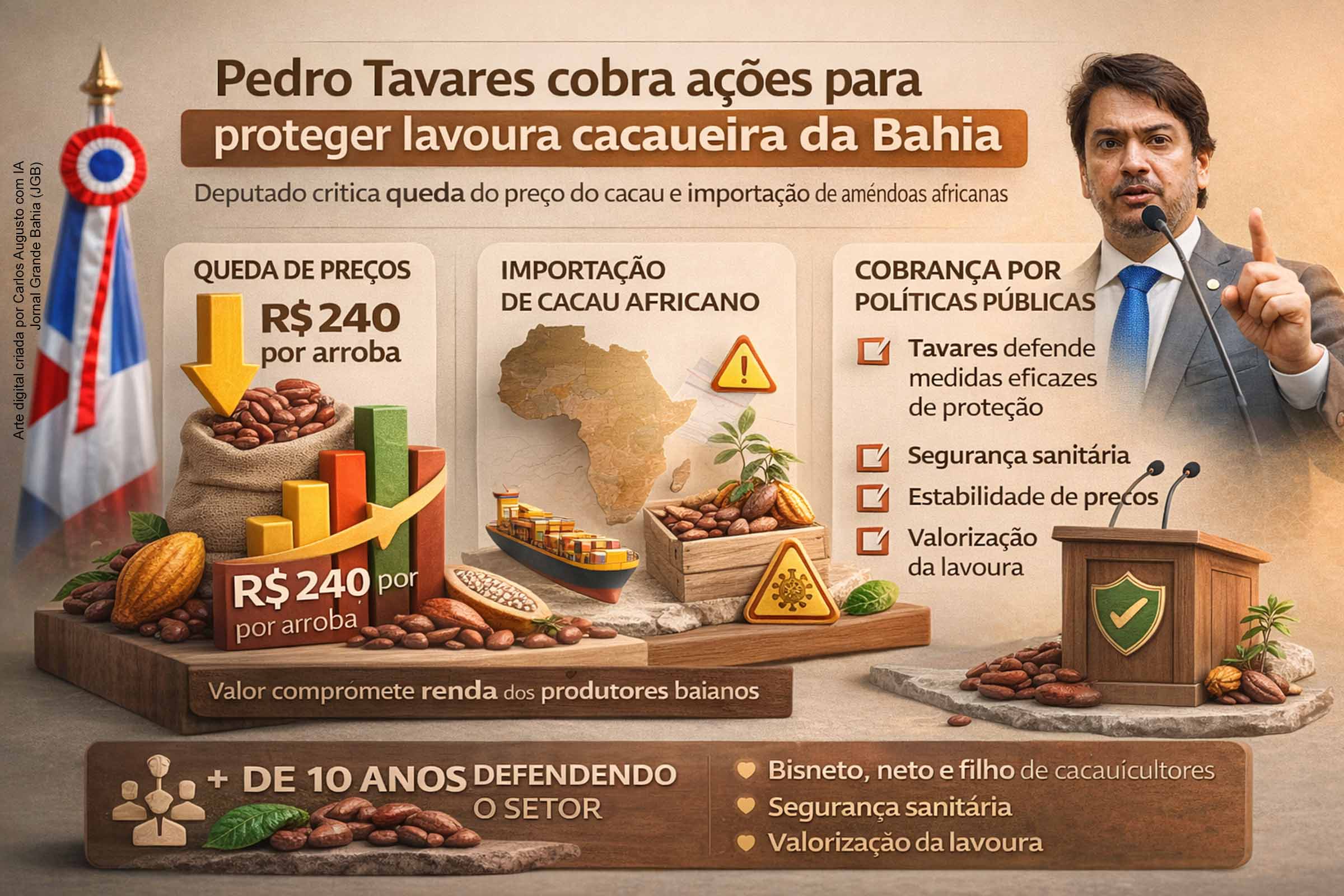 Deputado Pedro Tavares cobra ações do governo estadual para proteger lavoura cacaueira da Bahia diante de queda de preços e risco sanitário