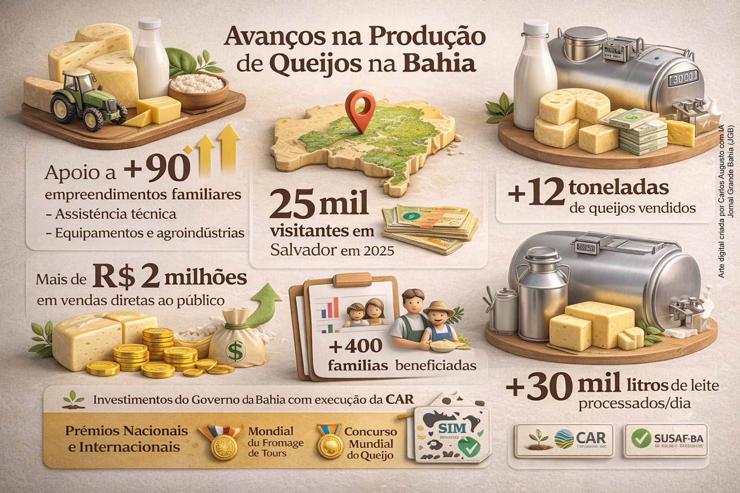No Dia Mundial do Queijo, a Bahia celebra avanços na produção e no fortalecimento da cadeia do leite, impulsionados por políticas públicas da CAR. Com apoio técnico, investimentos em agroindústrias, certificações sanitárias e eventos de comercialização, os queijos baianos ampliaram reconhecimento e mercado, gerando renda para centenas de famílias e consolidando um sistema produtivo diverso e competitivo.