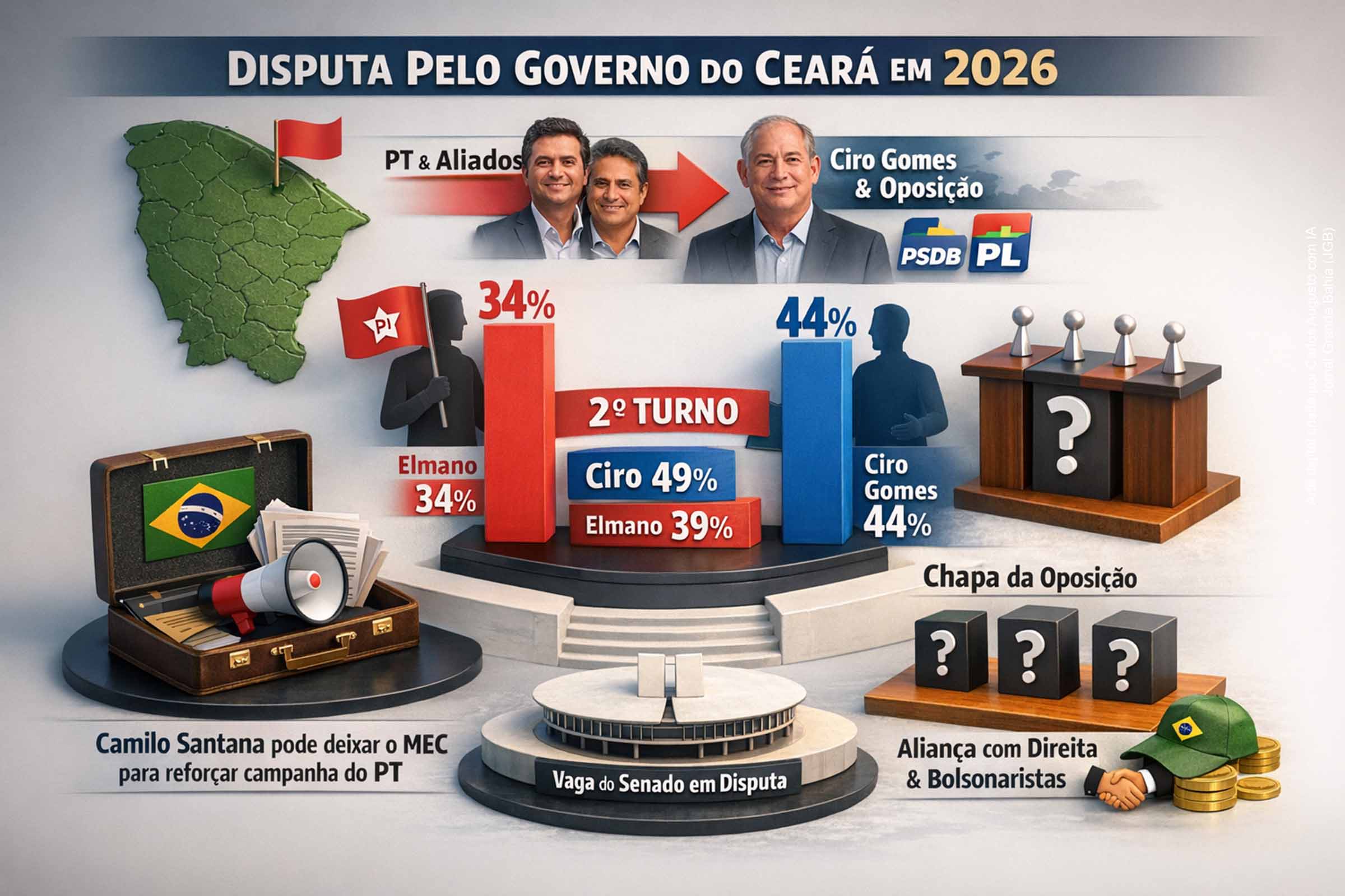 A disputa pelo governo do Ceará em 2026 se intensificou com o avanço de Ciro Gomes nas pesquisas e levou o ministro da Educação, Camilo Santana, a cogitar deixar o cargo para atuar diretamente nas campanhas de Elmano de Freitas e de Lula. Pesquisas indicam cenário adverso ao atual governador, enquanto a oposição articula uma frente ampla, inclusive com setores bolsonaristas, tornando o estado um dos principais focos da eleição nacional.