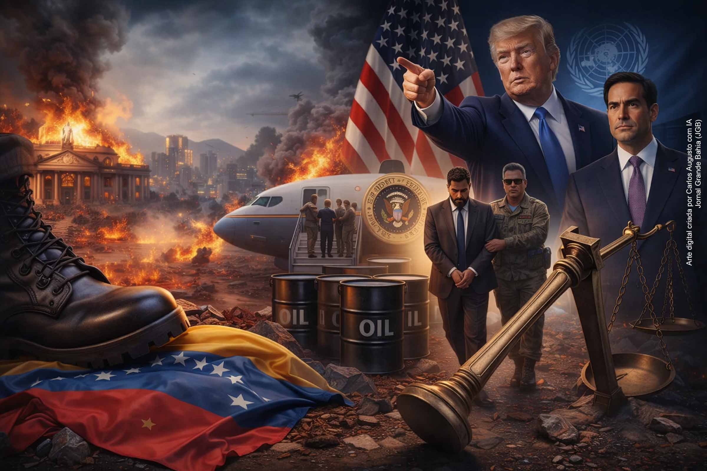 Ilustração das explosões na capital venezuelana, a captura do presidente Nicolás Maduro por forças norte-americanas e sua transferência para os Estados Unidos desencadearam a mais grave crise geopolítica regional desde a invasão do Panamá, em 1989.