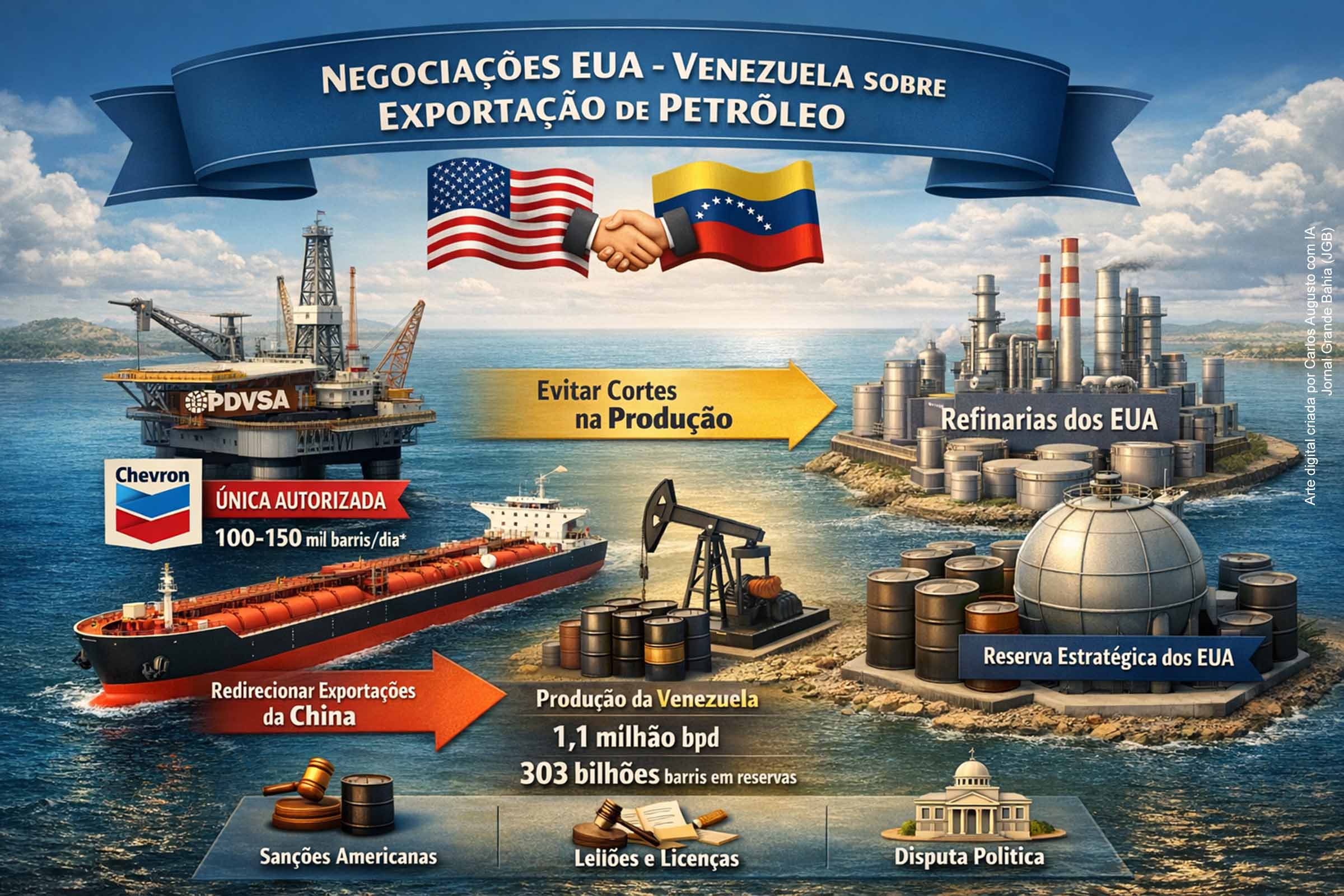 Autoridades de EUA e Venezuela negociam exportações de petróleo venezuelano para refinarias americanas após bloqueio e captura de Maduro. O acordo pode redirecionar cargas da China, aliviar estoques da PDVSA e evitar novos cortes de produção. A Chevron segue como única exportadora autorizada, enquanto se discutem licenças, leilões e até uso da Reserva Estratégica dos EUA. O cenário combina pragmatismo energético, pressão política e incertezas jurídicas.