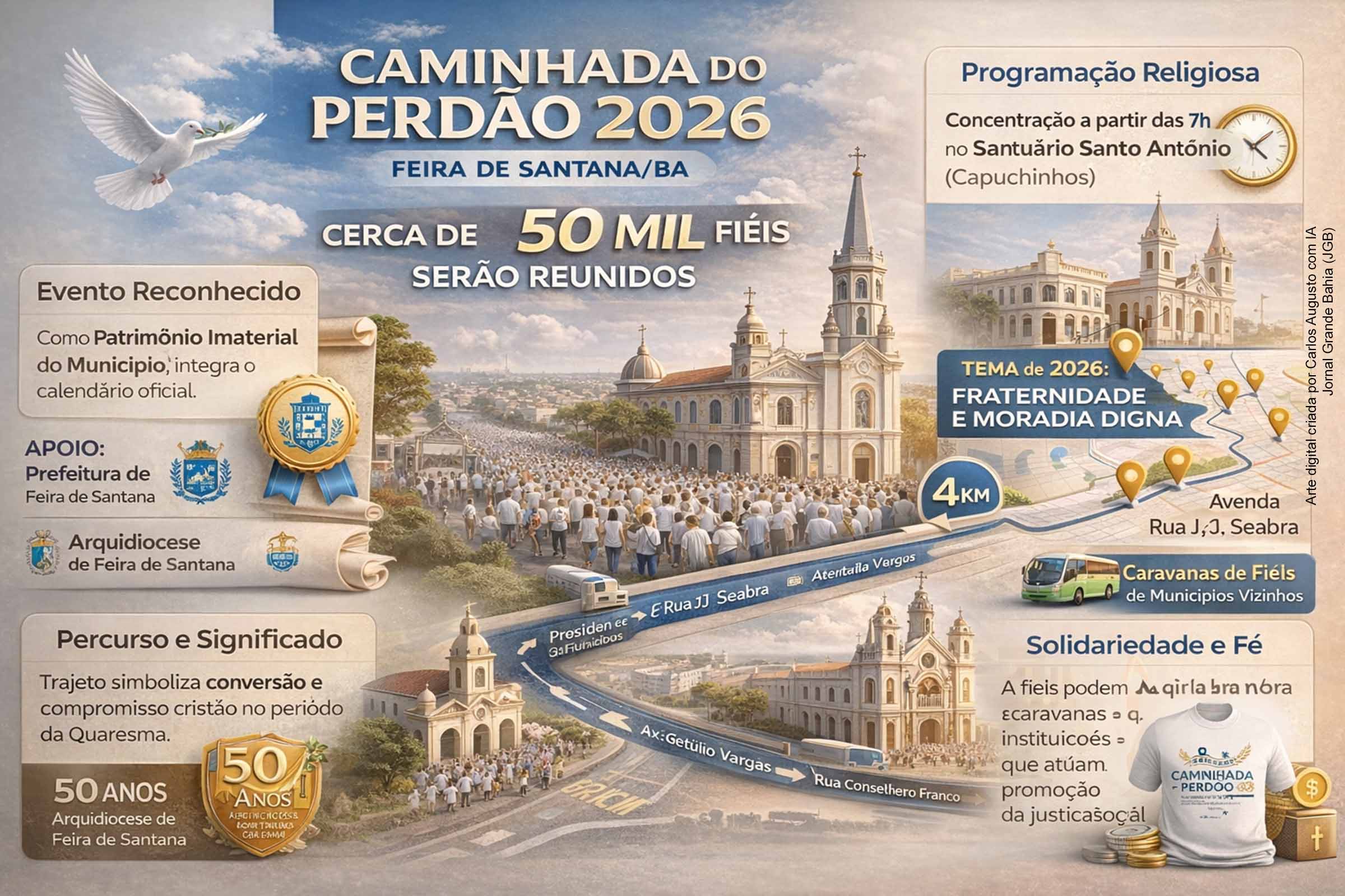 A Caminhada do Perdão 2026 será realizada em Feira de Santana, com expectativa de reunir cerca de 50 mil fiéis. Reconhecido como Patrimônio Imaterial do Município, o evento integra o calendário oficial da cidade, contará com apoio da Prefeitura e terá programação religiosa, percurso simbólico e ações solidárias alinhadas à Campanha da Fraternidade.