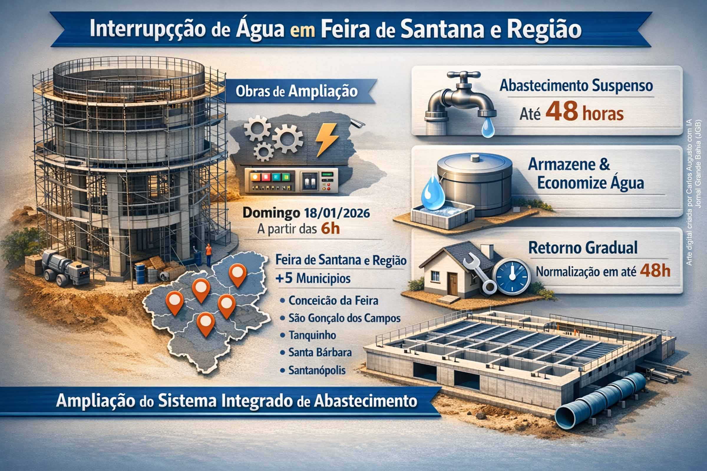 A Embasa interrompe o abastecimento de água neste domingo (18/01/2026), a partir das 6h, em Feira de Santana e cinco municípios da região, para avançar na ampliação do Sistema Integrado. As obras incluem novos equipamentos, válvulas e interligação elétrica da nova estação em Conceição da Feira. A retomada será gradual, com normalização prevista em até 48 horas, e a concessionária orienta consumo consciente durante o período.
