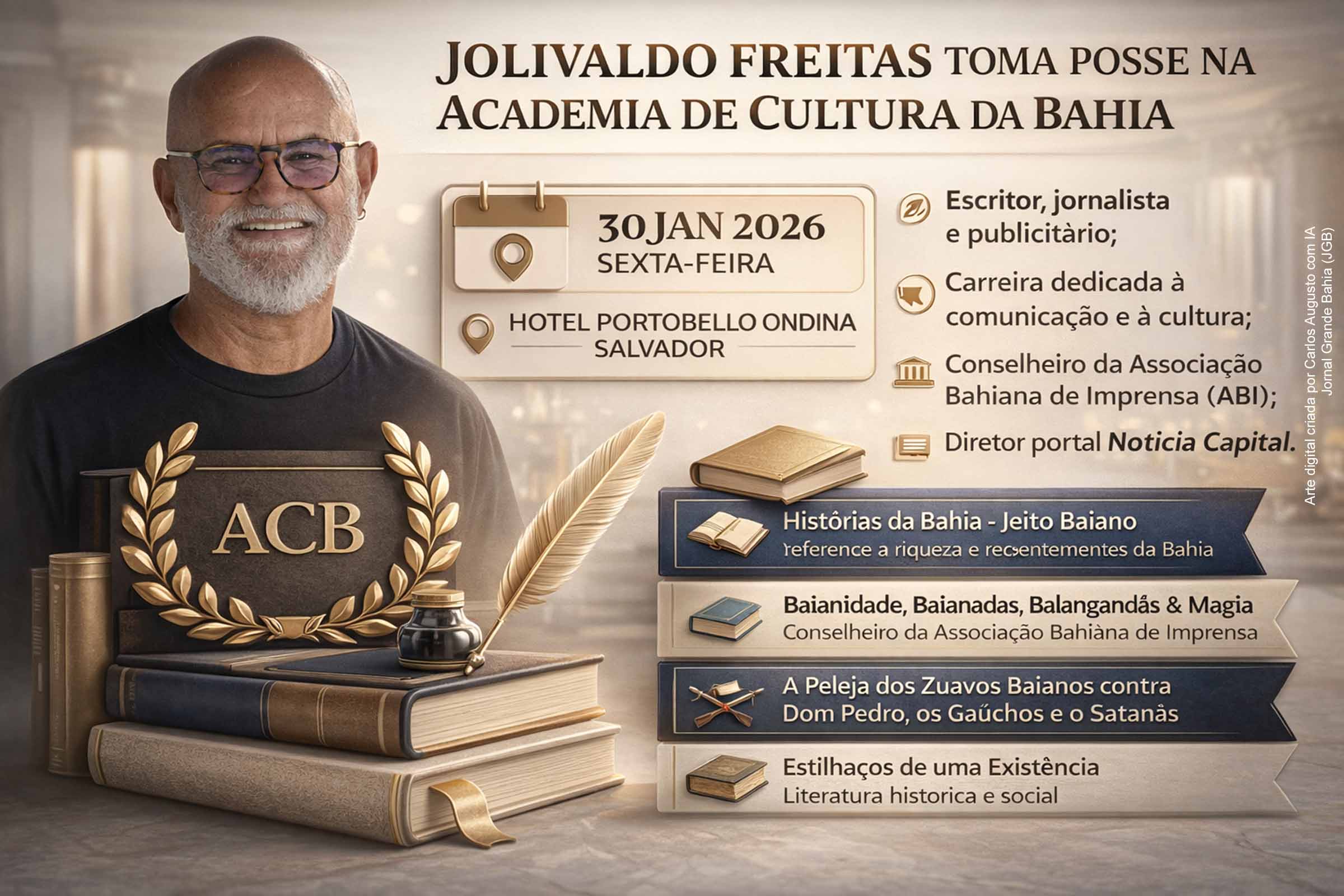 Jolivaldo Freitas toma posse na Academia de Cultura da Bahia nesta sexta-feira (30/01/2026), em cerimônia no Hotel Portobello Ondina, em Salvador. Com carreira dedicada à comunicação e à cultura, o escritor e jornalista possui obra diversificada, que inclui romance histórico, crônica e ensaio. A solenidade marca a ampliação do quadro da Academia e reafirma o papel institucional na promoção da memória, da educação e do pensamento crítico.