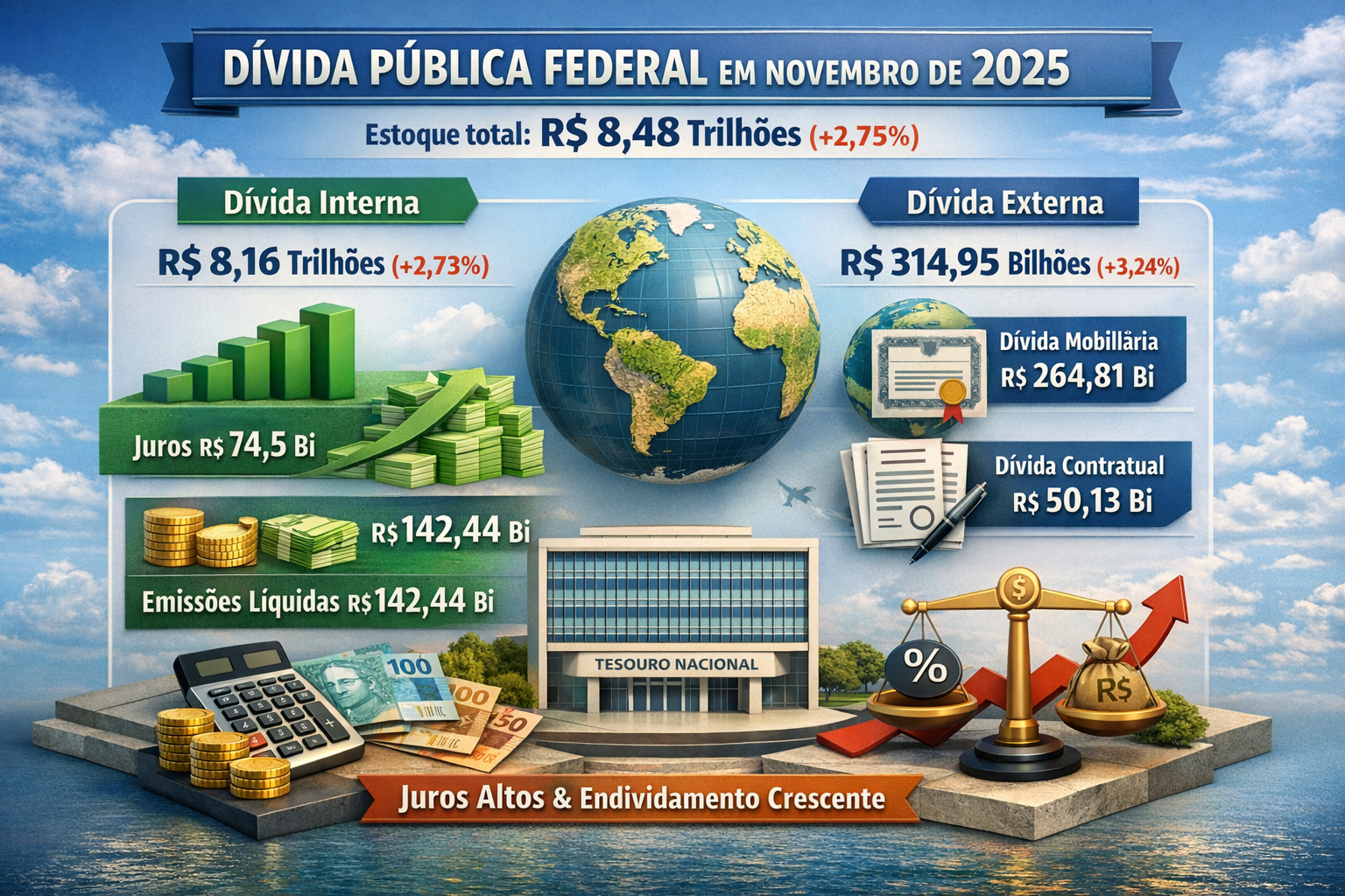 Estoque da dívida pública federal atinge R$ 8,48 trilhões em novembro de 2025, aponta Tesouro Nacional; Governo Lula amplia endividamento publico e mantém juros elevados