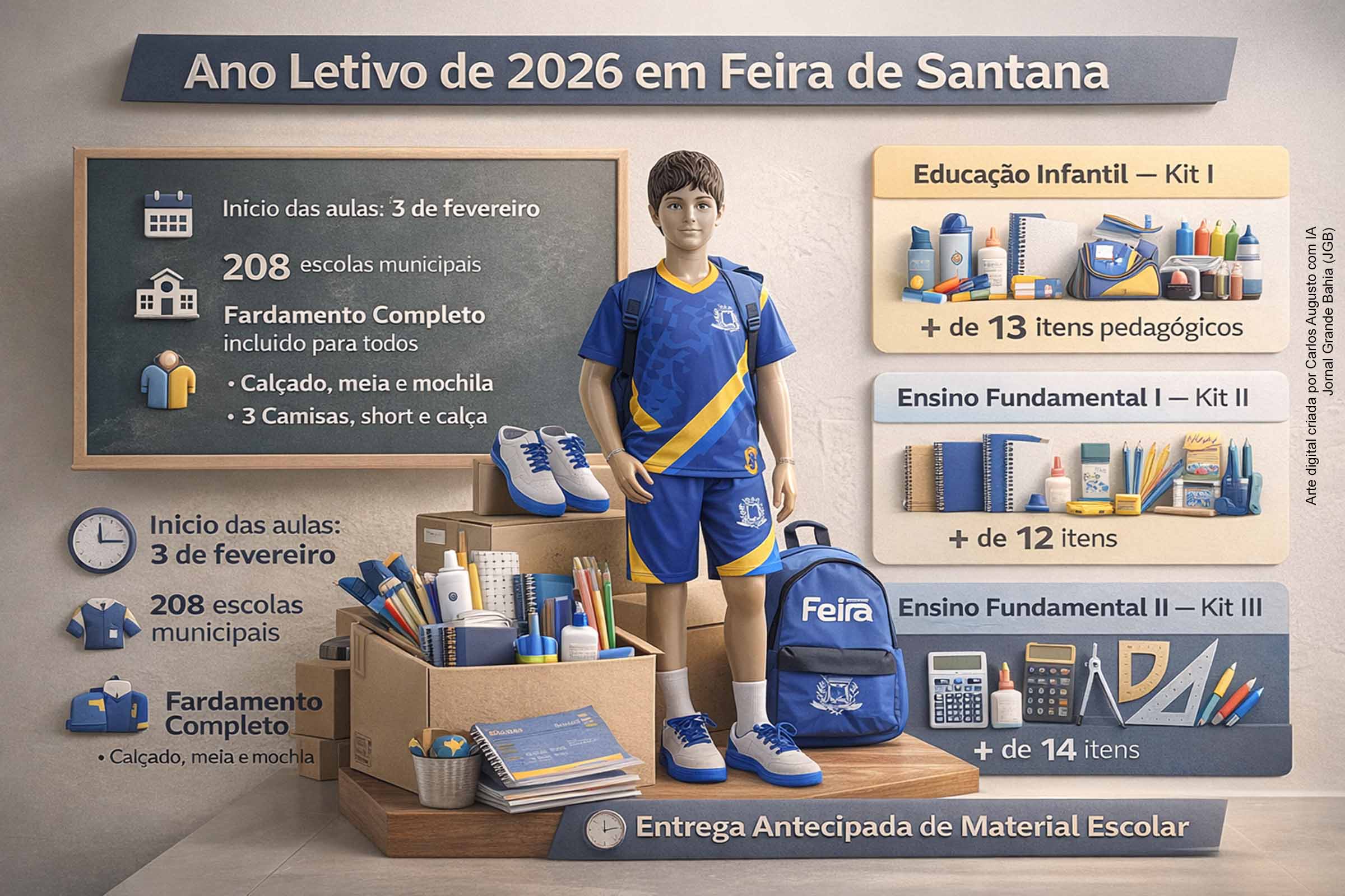 Estudantes da rede municipal de Feira de Santana iniciam ano letivo de 2026 com fardamento completo e material escolar entregue no primeiro dia, diz prefeito José Ronaldo