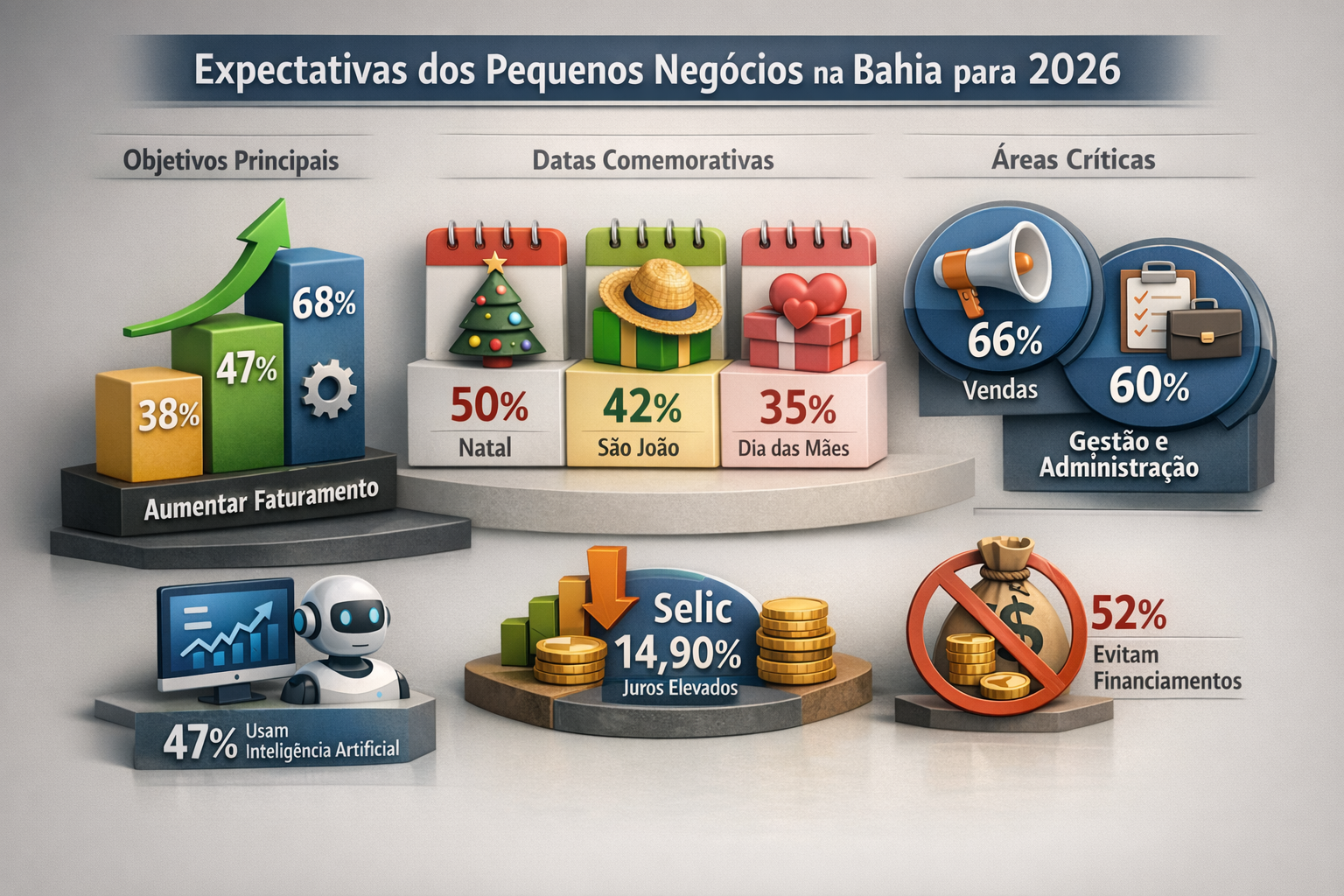 Estudo do Sebrae Bahia aponta que ampliar faturamento em 2026 é prioridade para 68% dos pequenos negócios