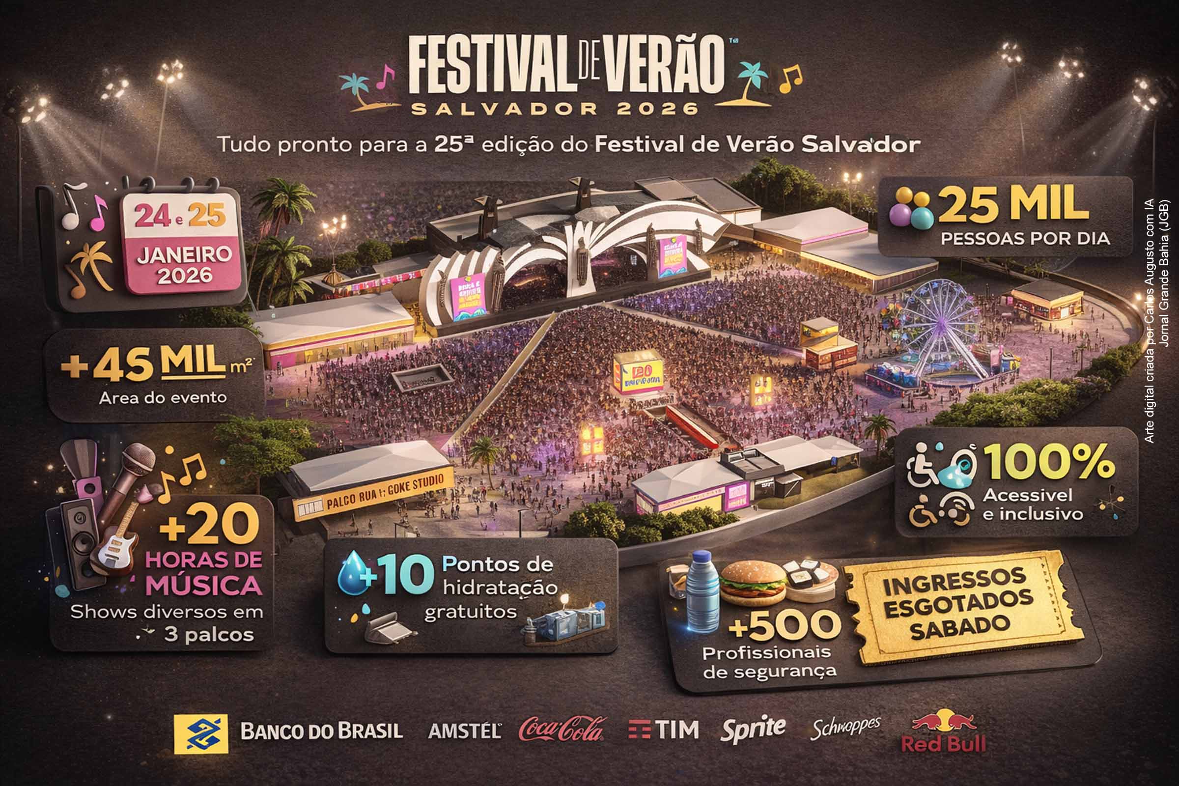 Vista geral da Arena Festival, nova sede própria do Festival de Verão Salvador, na Avenida Paralela, em Salvador, preparada para receber o público nos dias 24 e 25 de janeiro de 2026, com estrutura redesenhada, múltiplos palcos e áreas de serviços.