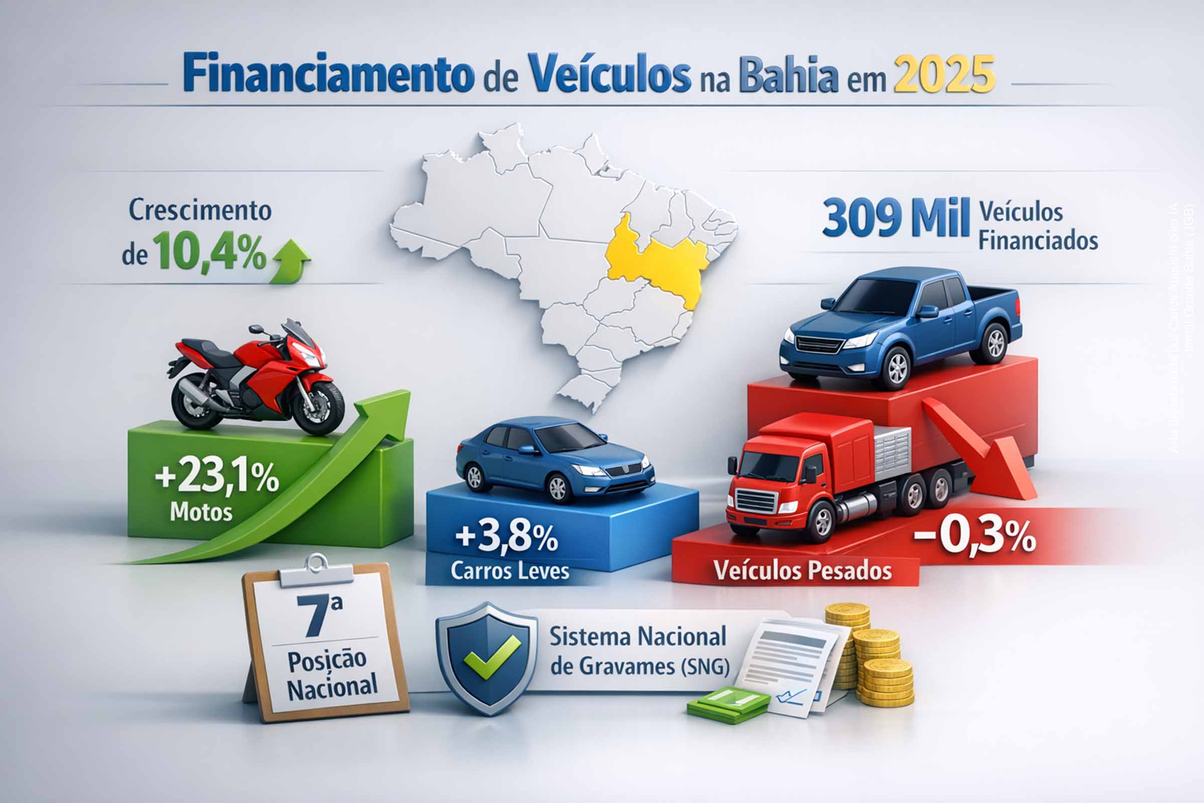 Em 2025, o financiamento de veículos na Bahia cresceu 10,4% e alcançou 309 mil unidades, colocando o estado na sétima posição nacional. O avanço foi liderado pelas motos, com alta de 23,1%, enquanto carros leves cresceram 3,8% e veículos pesados recuaram 0,3%. Segundo a B3, o desempenho reflete a expansão do crédito e a atuação do Sistema Nacional de Gravames na segurança das operações.