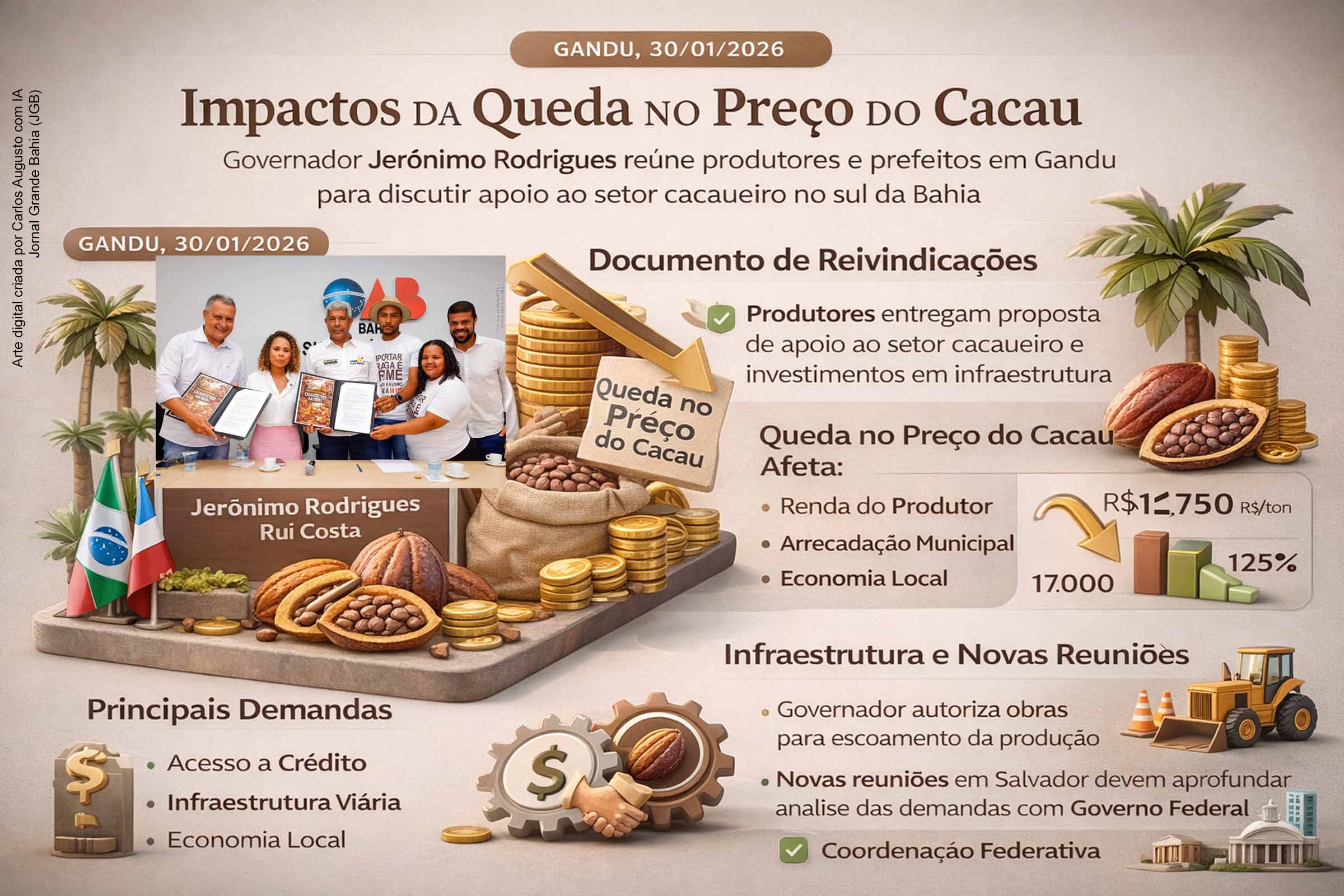 O governador Jerônimo Rodrigues reuniu-se em Gandu, em 30 de janeiro de 2026, com produtores, prefeitos e lideranças políticas para discutir os impactos da queda no preço do cacau. Com a presença do ministro Rui Costa, o encontro resultou na entrega de um documento de reivindicações e na autorização de obras viárias para o escoamento da produção, além do compromisso de novas reuniões para aprofundar medidas de apoio ao setor.