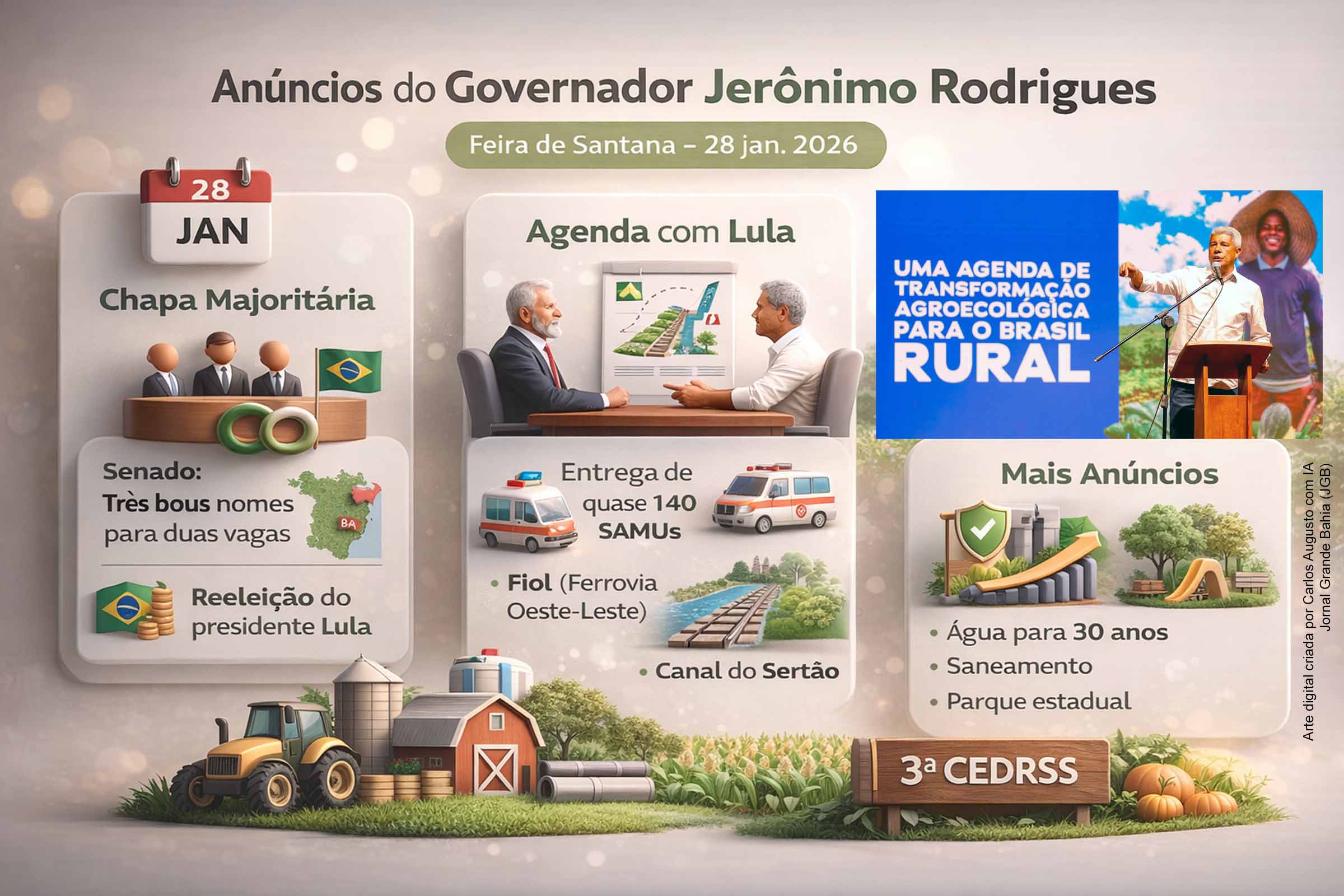 O governador Jerônimo Rodrigues abriu, em Feira de Santana, a 3ª Conferência Estadual de Desenvolvimento Rural Sustentável e Solidário na quarta-feira (28/01/2026) e afirmou que o grupo político está perto de definir a chapa majoritária, com disputa por duas vagas ao Senado. Ele citou agenda com Lula para entregas de quase 140 SAMUs e tratativas sobre Fiol e Canal do Sertão, além de destacar plano hídrico de 30 anos, saneamento, redução de crimes violentos e interiorização do Carnaval.