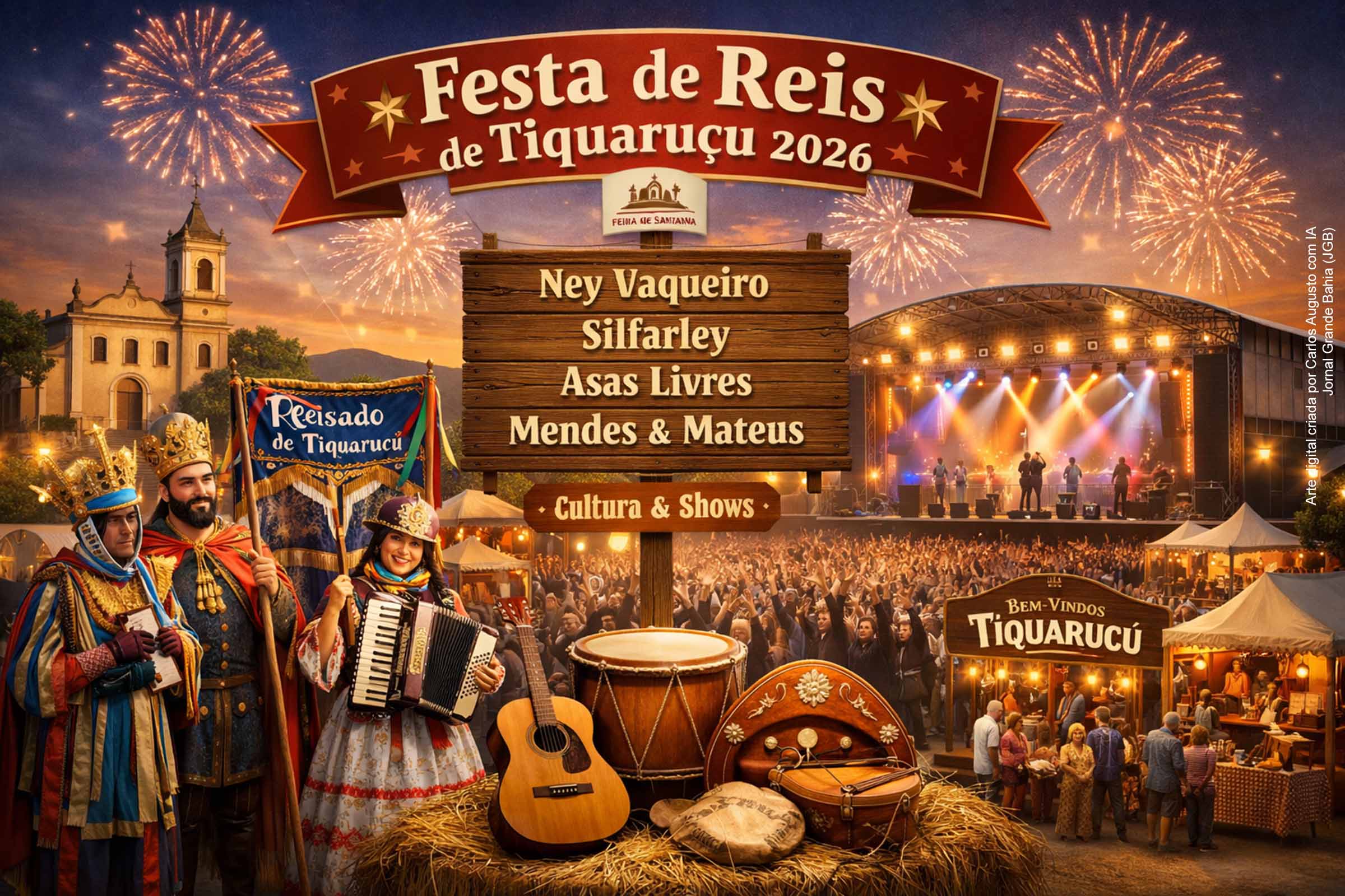 Ilustração em 3D retrata a Festa de Reis de Tiquaruçu 2026, em Feira de Santana, reunindo o Reisado tradicional, músicos regionais e o público no novo espaço do evento, com referência à Igreja de São Vicente e ao estádio do distrito, símbolo da preservação cultural aliada à modernização da festa.