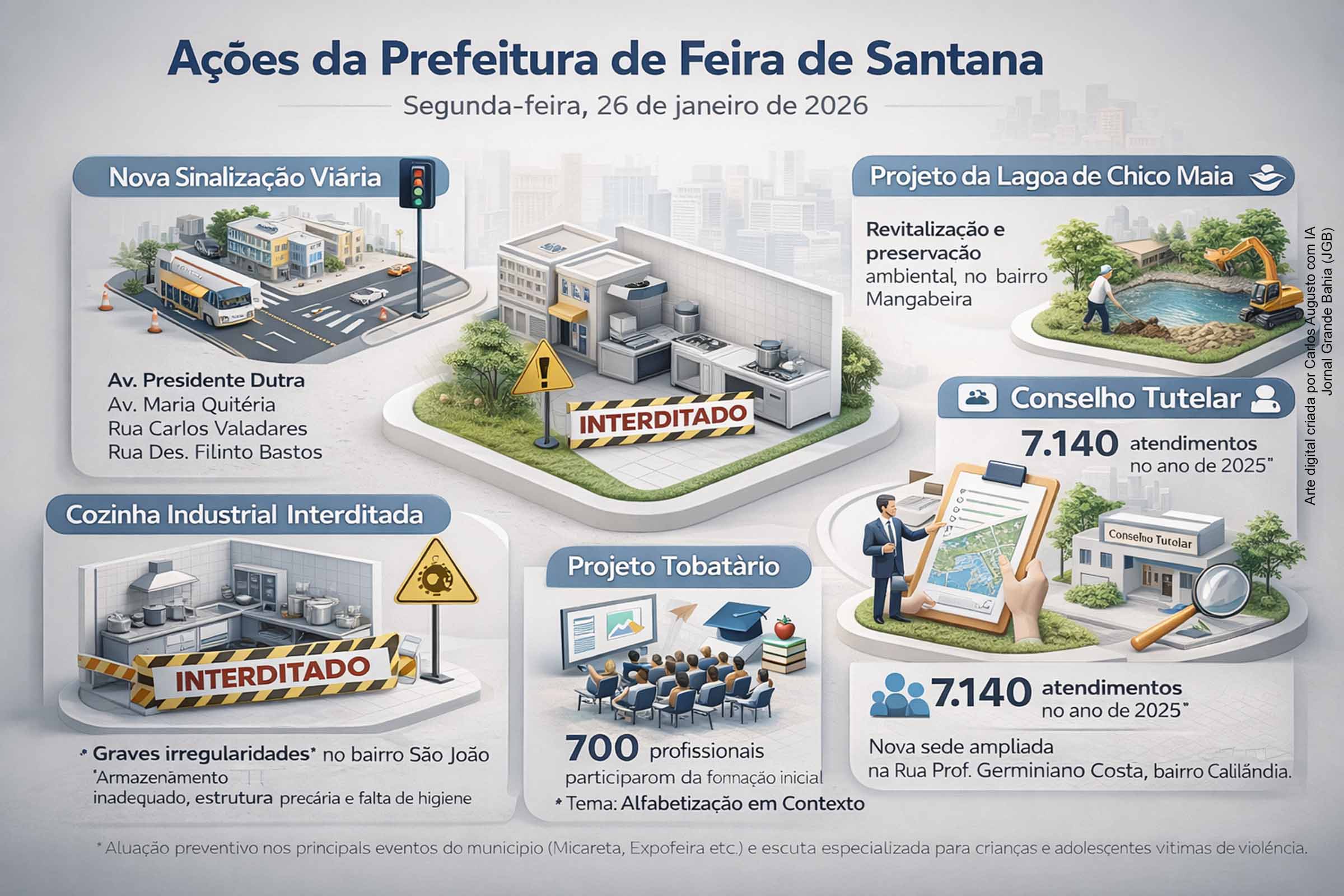 Na segunda-feira, 26/01/2026, a Prefeitura de Feira de Santana anunciou e iniciou ações em mobilidade urbana, saúde pública, meio ambiente, educação e proteção social. Destaques incluem nova sinalização viária no centro, interdição sanitária no bairro São João, apresentação do projeto da Lagoa de Chico Maia, início da Jornada Pedagógica 2026 e balanço do Conselho Tutelar, que registrou mais de 7 mil atendimentos em 2025.