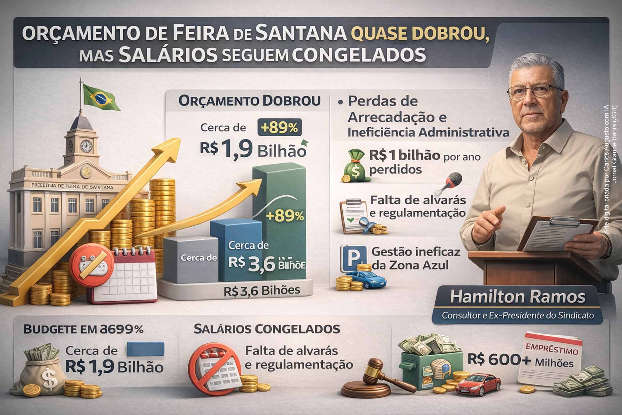 O orçamento de Feira de Santana quase dobrou, alcançando cerca de R$ 3,6 bilhões, mas os salários dos servidores seguem congelados. Segundo o consultor Hamilton Ramos, o entrave está na ineficiência administrativa e em perdas anuais estimadas em R$ 1 bilhão. Falhas na concessão de alvarás, gestão da Zona Azul e dependência de empréstimos limitam avanços, reforçando a necessidade de desburocratização e modernização da arrecadação.