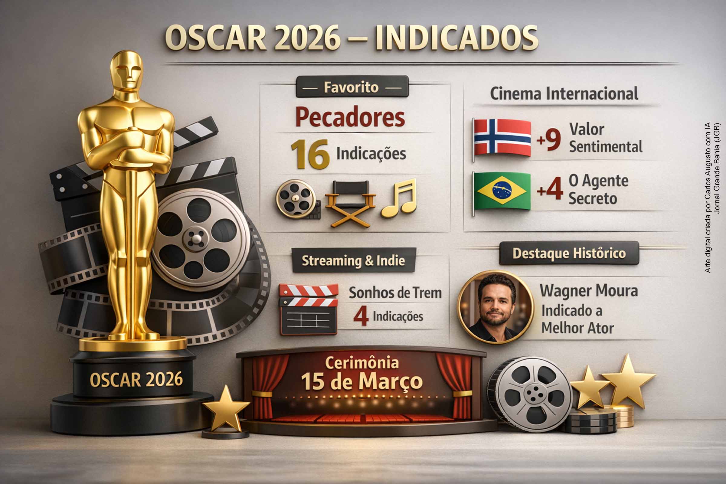 Oscar 2026 divulga lista completa de indicados, confirma favoritismo de Pecadores e amplia presença internacional