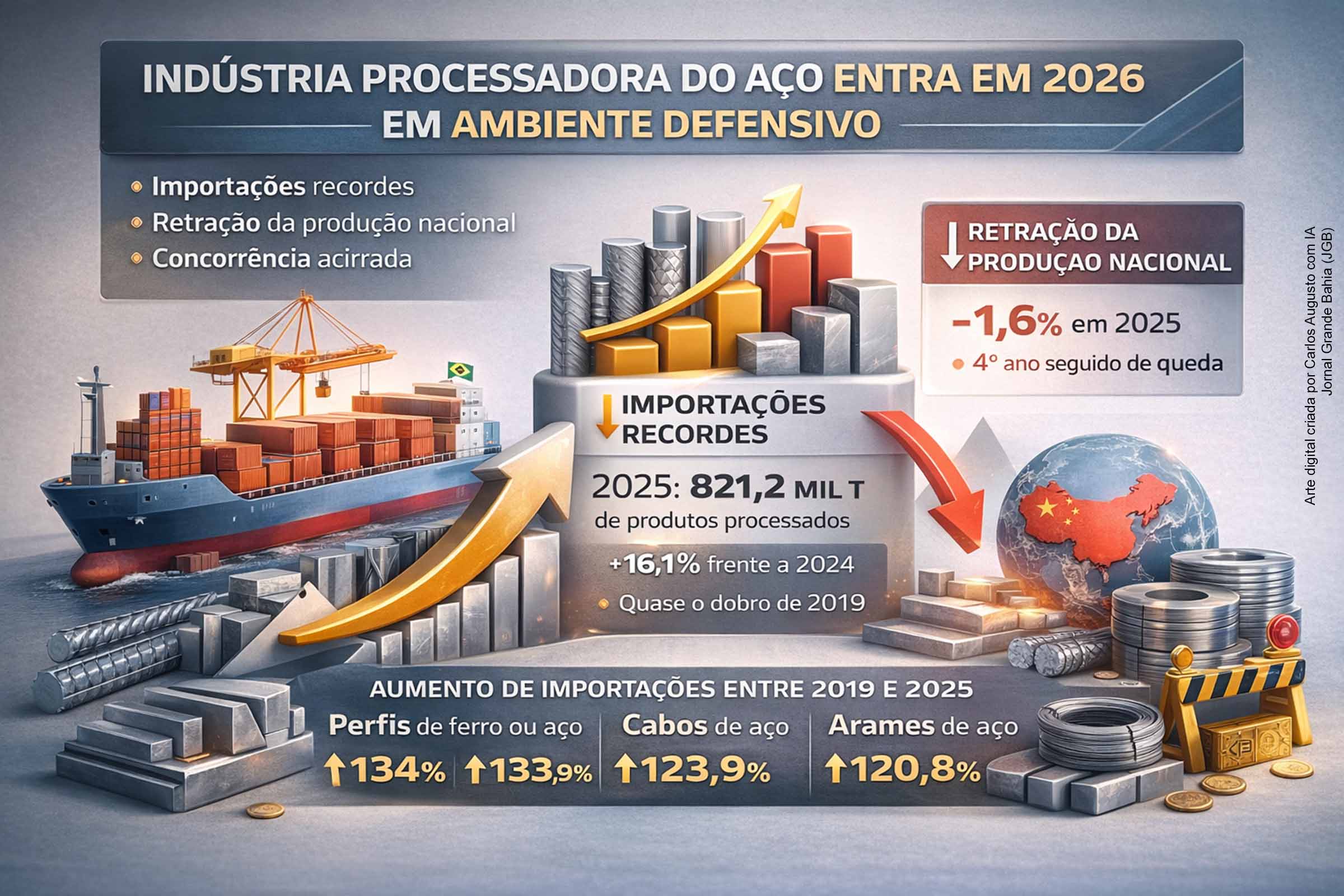 Indústria processadora do aço entra em 2026 sob ambiente defensivo, pressionada por importações recordes e retração da produção nacional